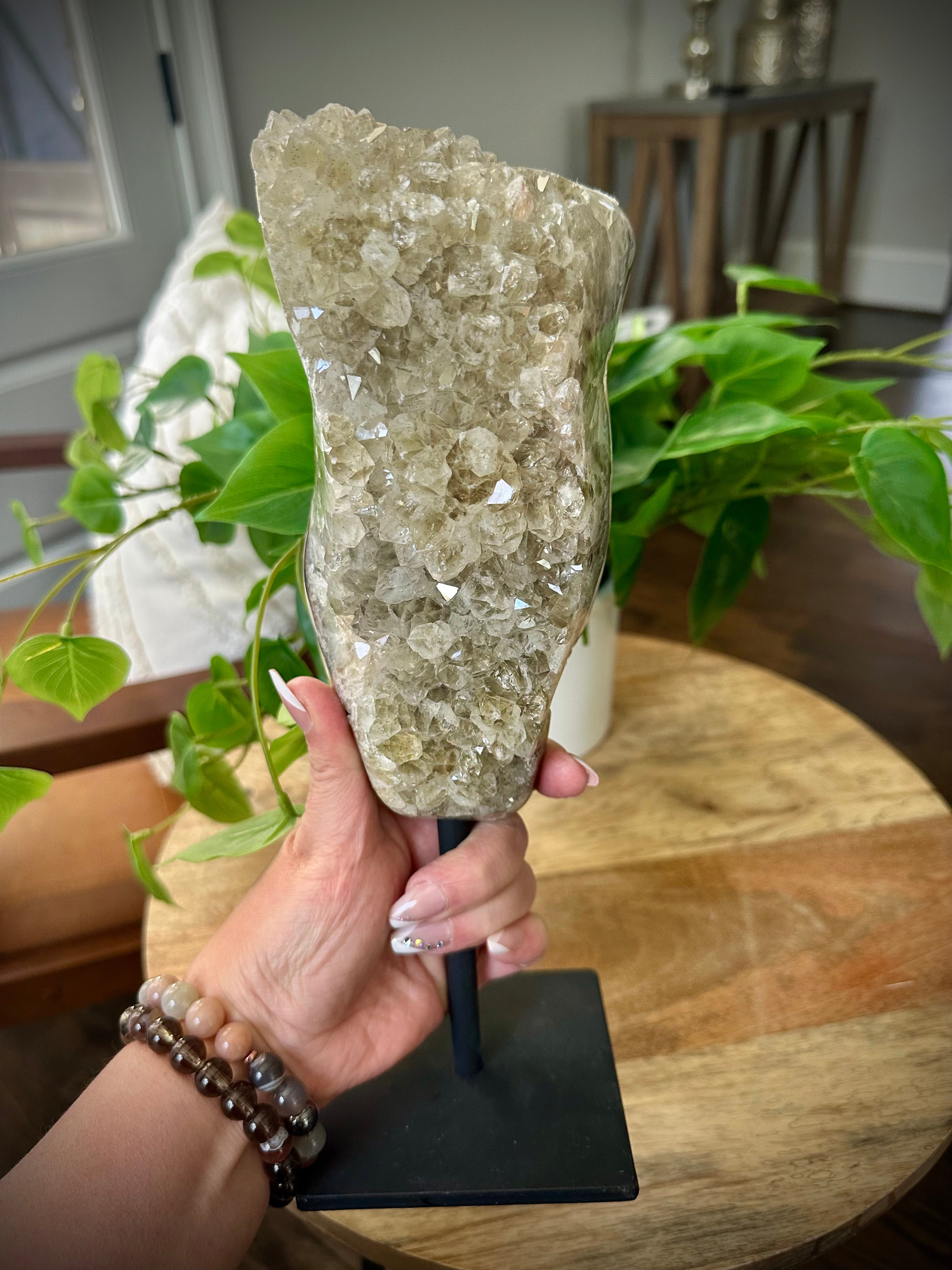 Rare Green Amethyst Cluster on Iron Stand