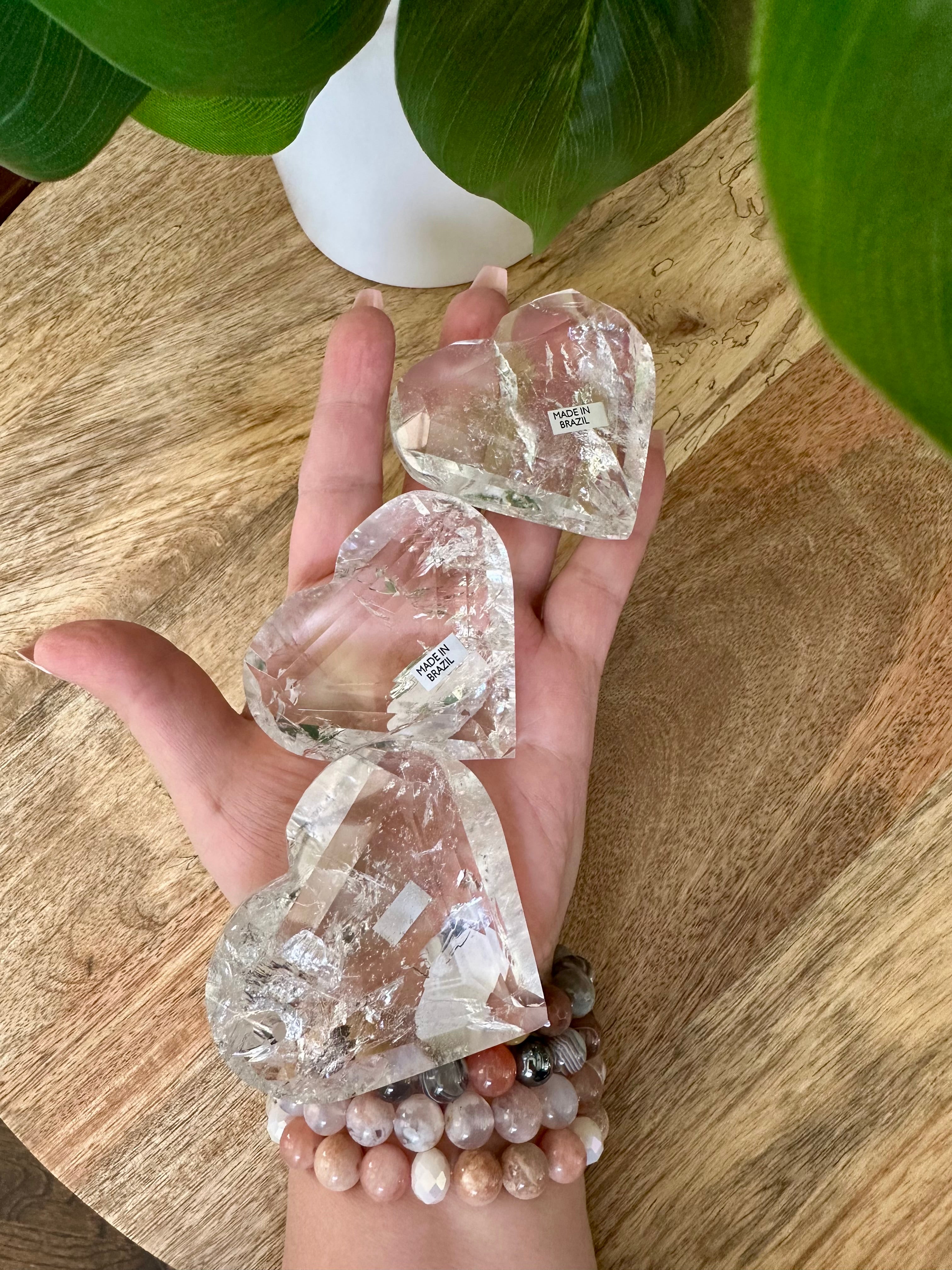 Quartz Polished Hearts with Rainbows from Brazil