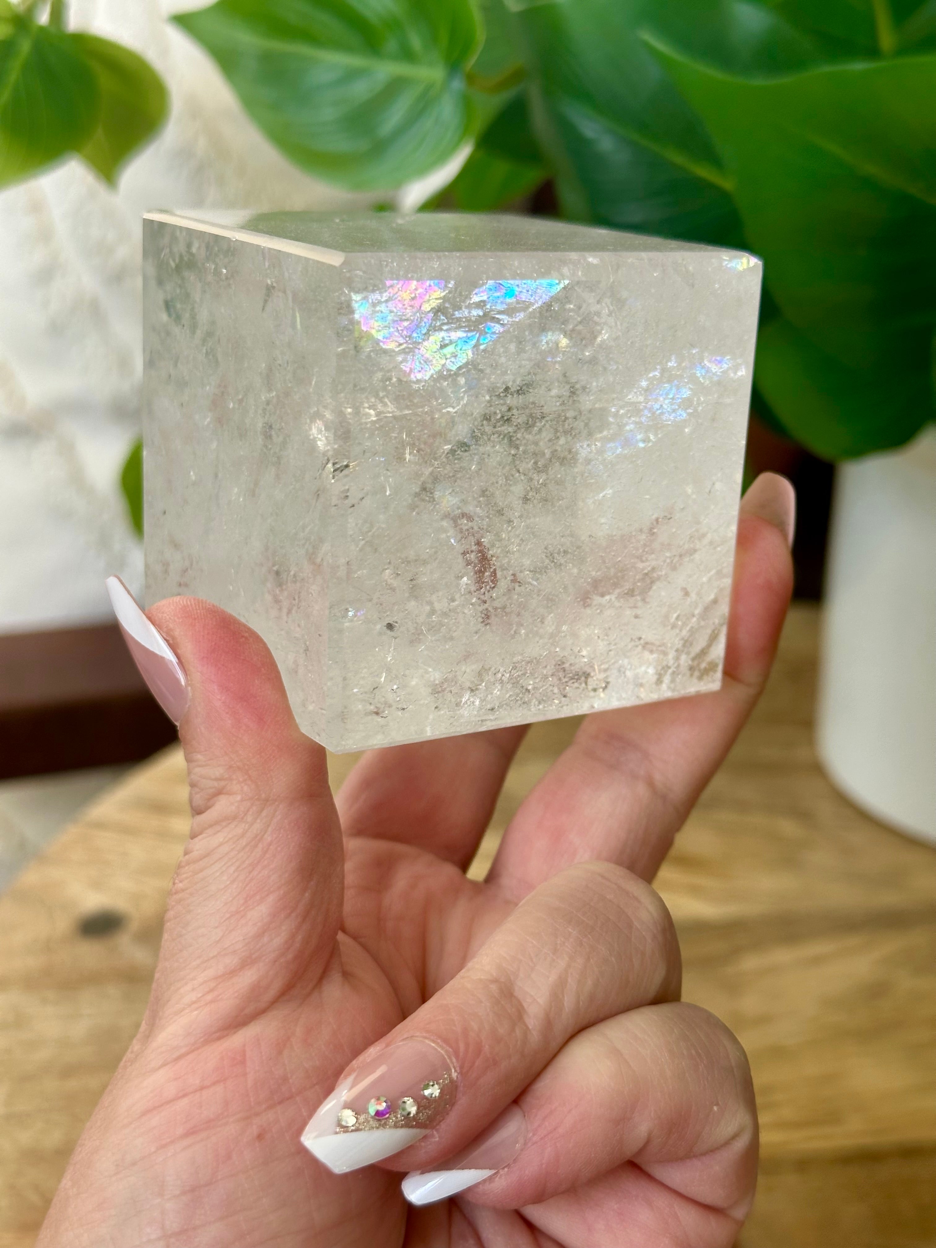 Quartz Hexahedron from Brazil. Polished large clear Quartz Platonic Shape.