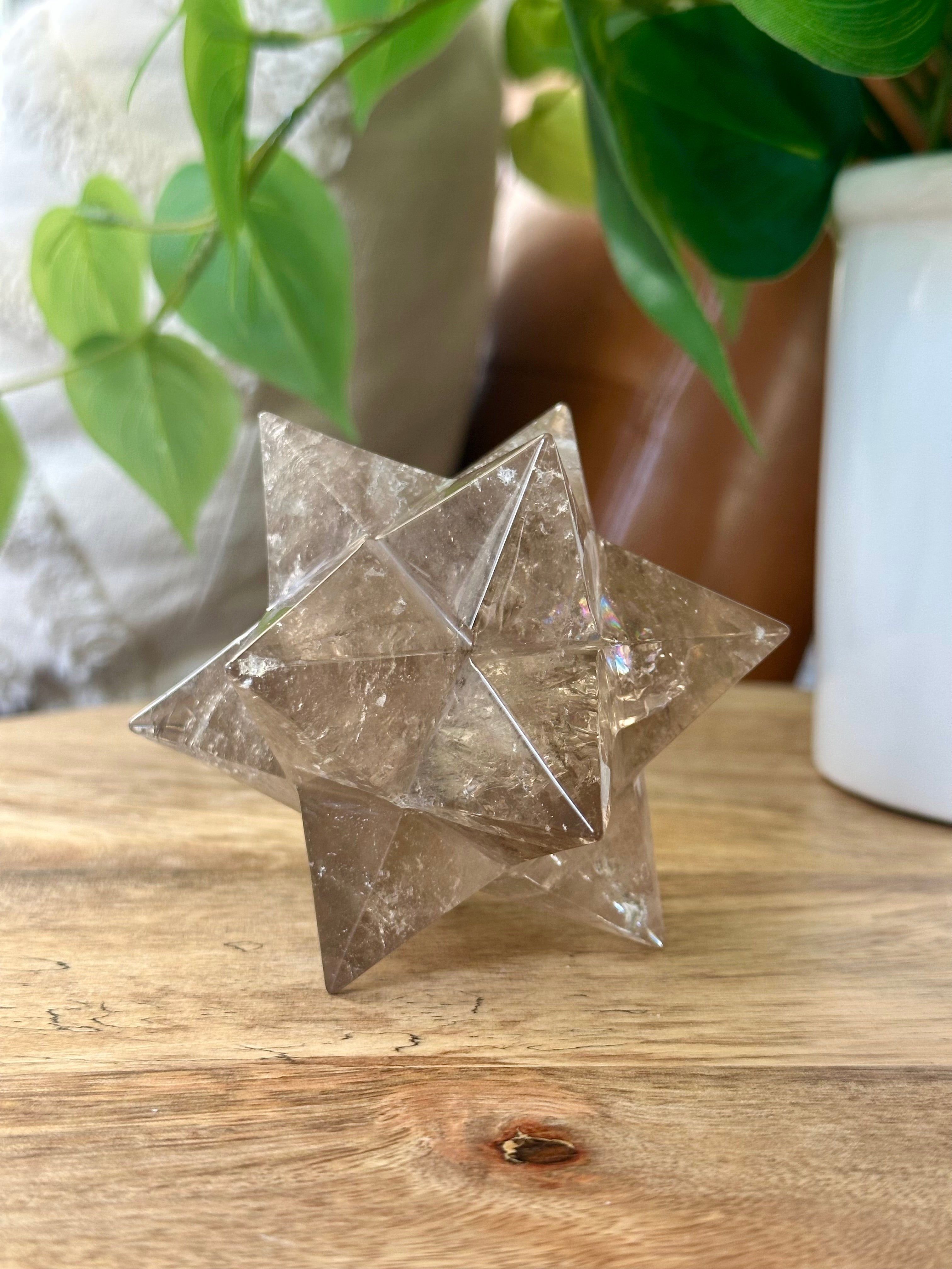 Smoky Quartz Polished Star from Brazil. 12 pointed Quartz Star with Rainbows