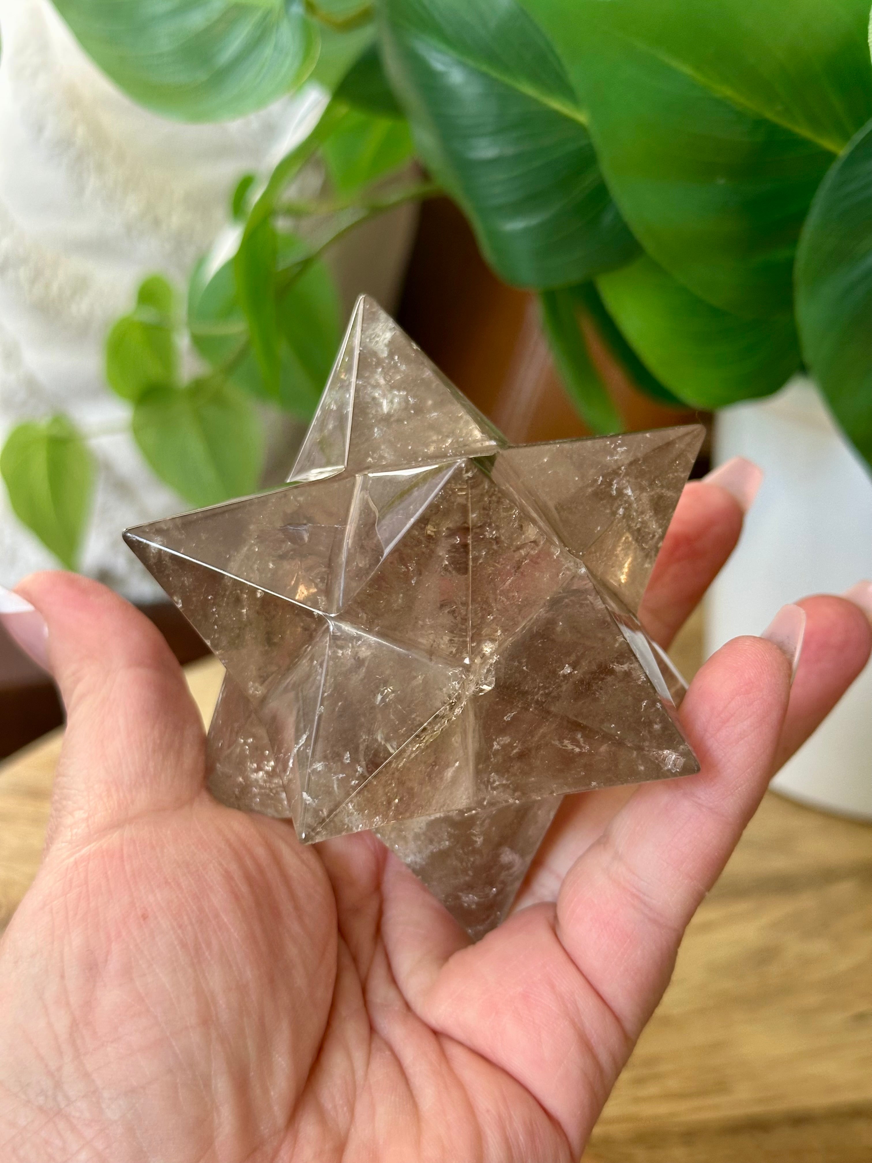 Smoky Quartz Polished Star from Brazil. 12 pointed Quartz Star with Rainbows