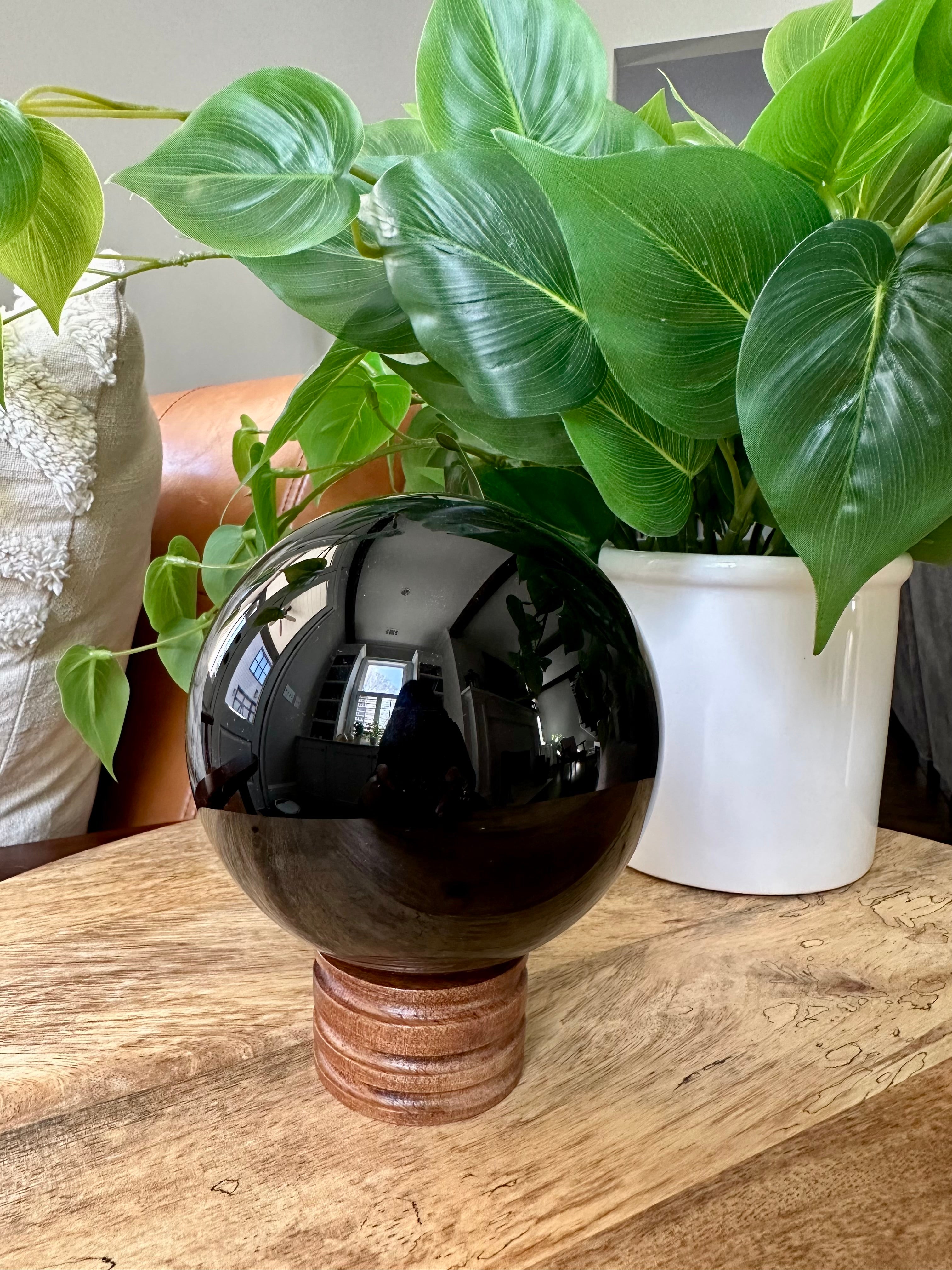 XL Black Obsidian Sphere. 103mm. 3.7lbs Natural Black Obsidian polished sphere from Madagascar.