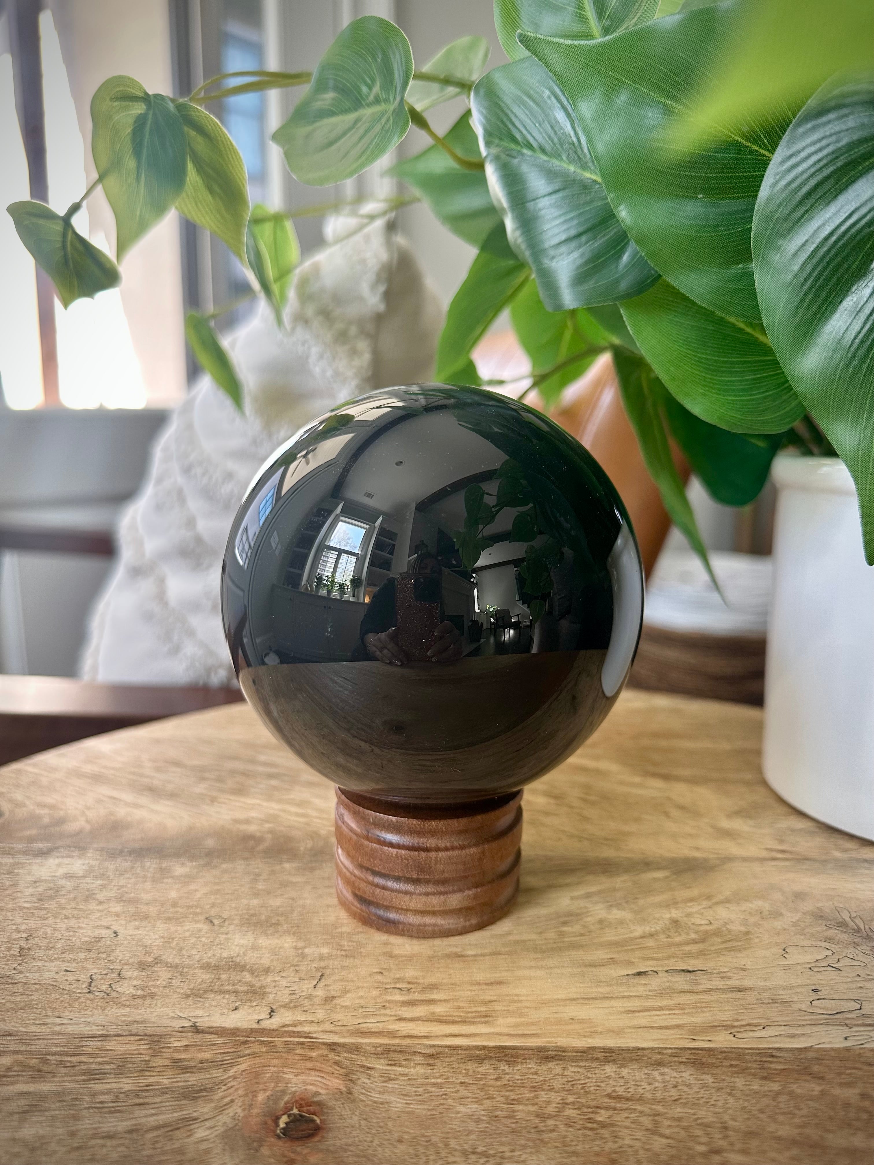 XL Black Obsidian Sphere. 103mm. 3.7lbs Natural Black Obsidian polished sphere from Madagascar.