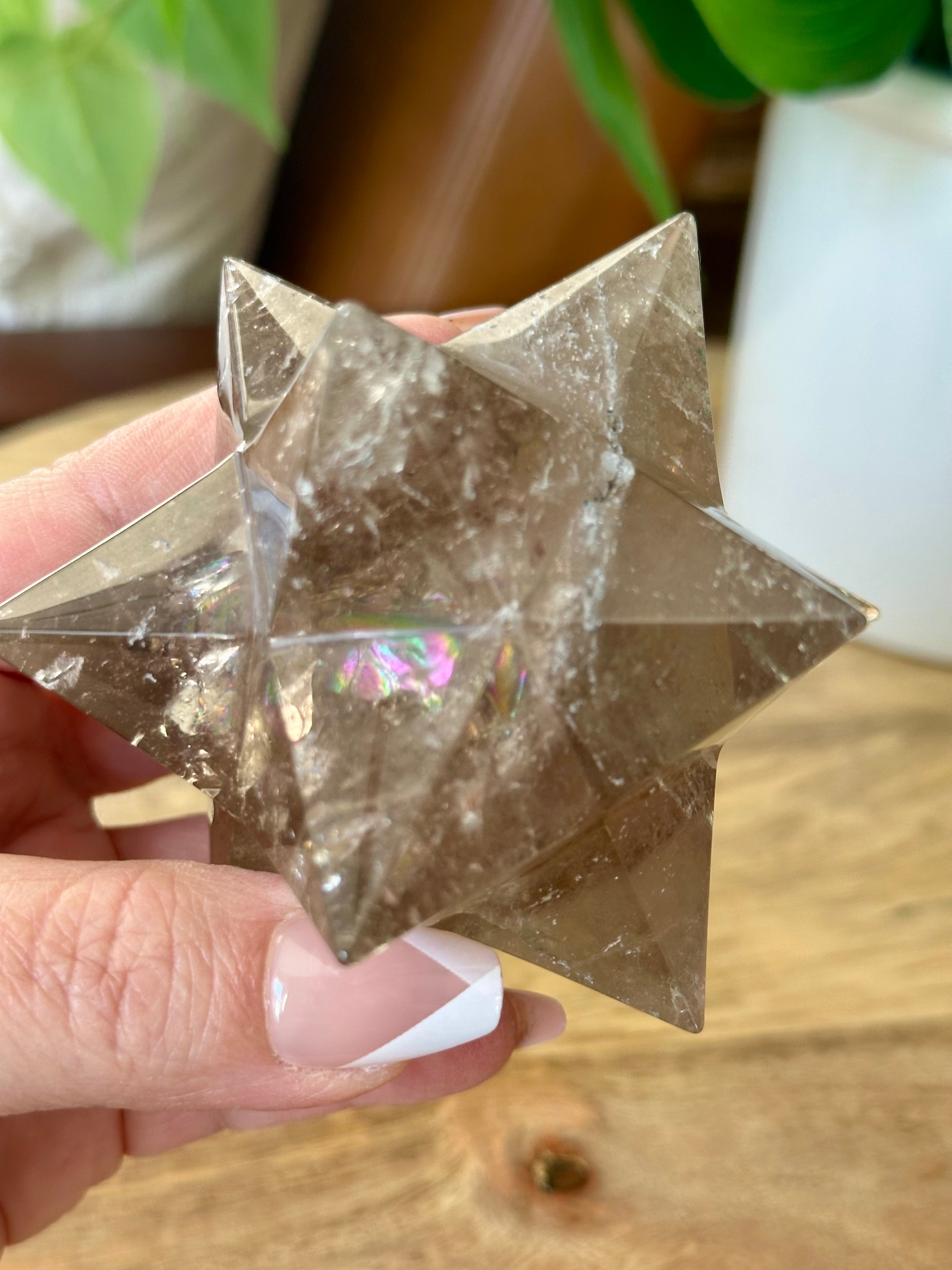 Smoky Quartz Polished Star from Brazil. 12 pointed Quartz Star with Rainbows