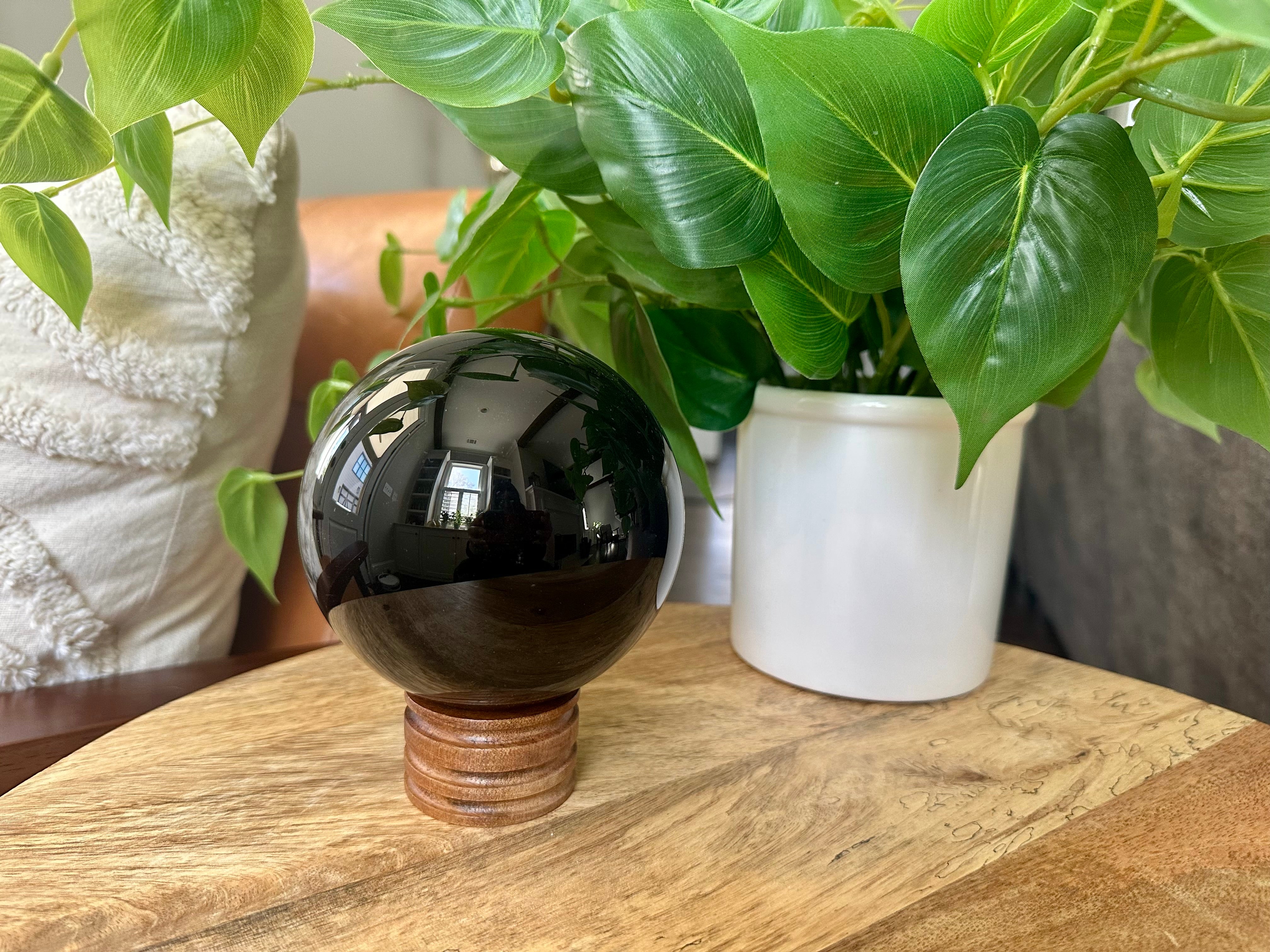 XL Black Obsidian Sphere. 103mm. 3.7lbs Natural Black Obsidian polished sphere from Madagascar.