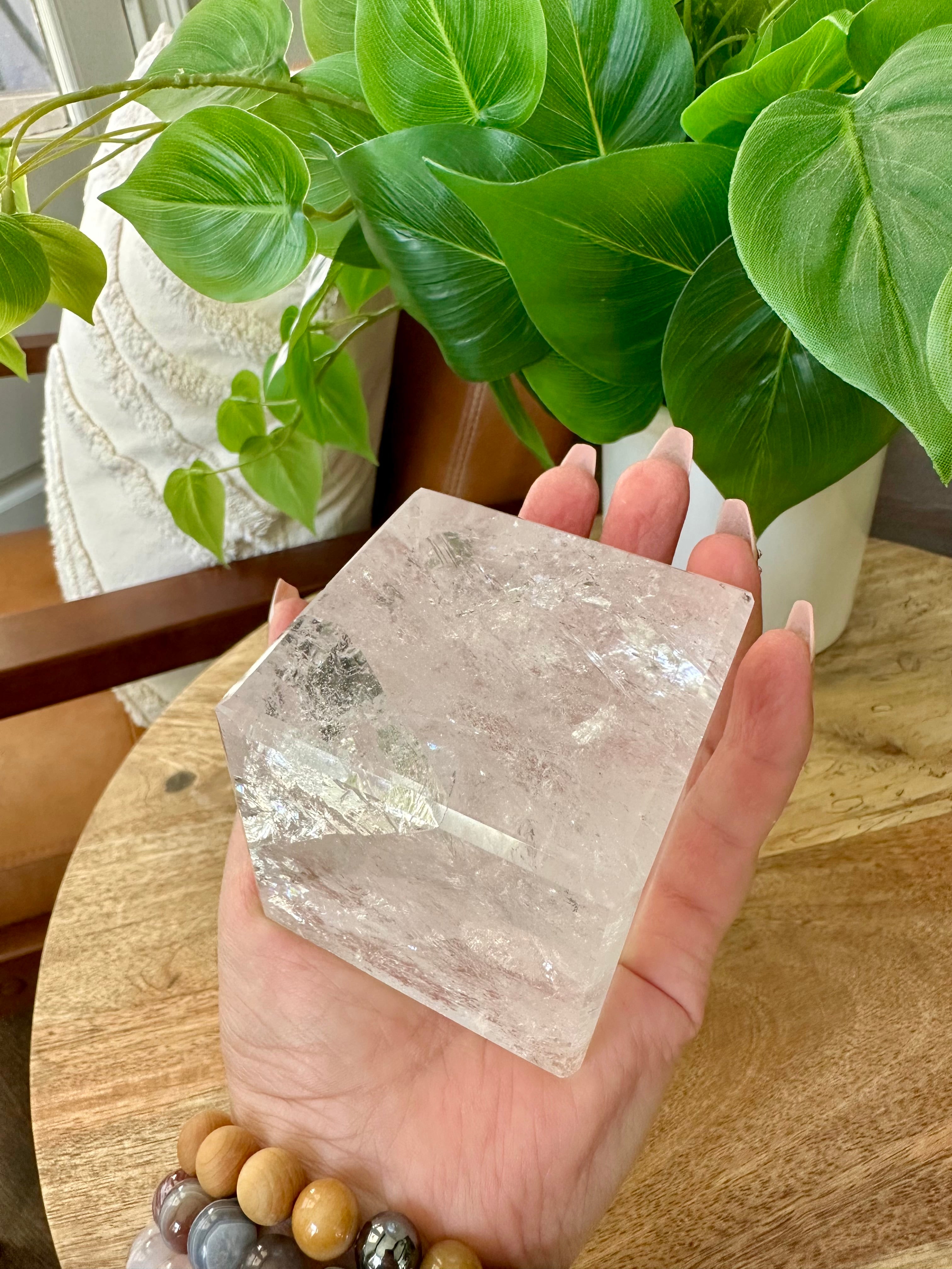 Quartz Hexahedron from Brazil. Polished large clear Quartz Platonic Shape.