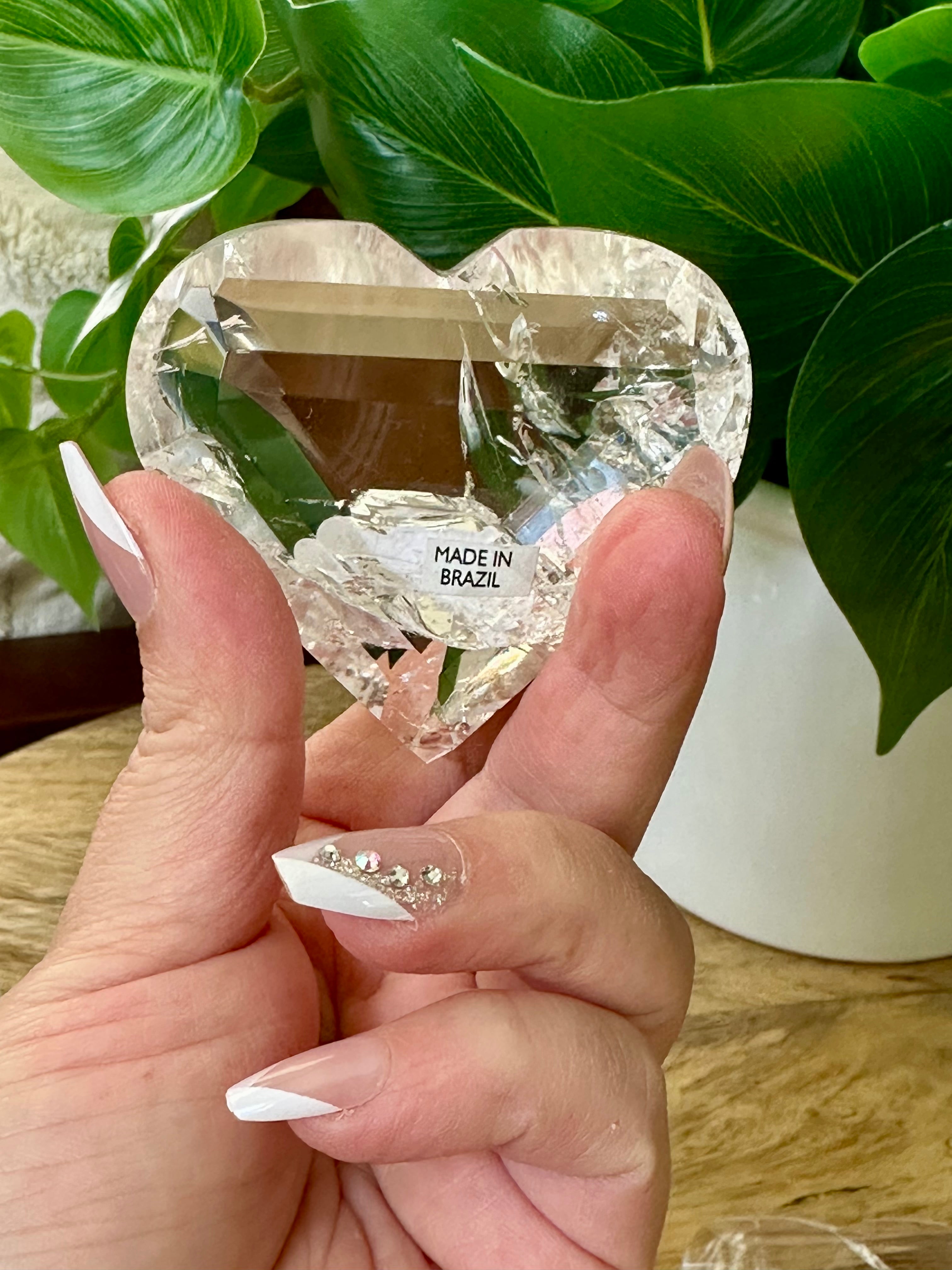Quartz Polished Hearts with Rainbows from Brazil