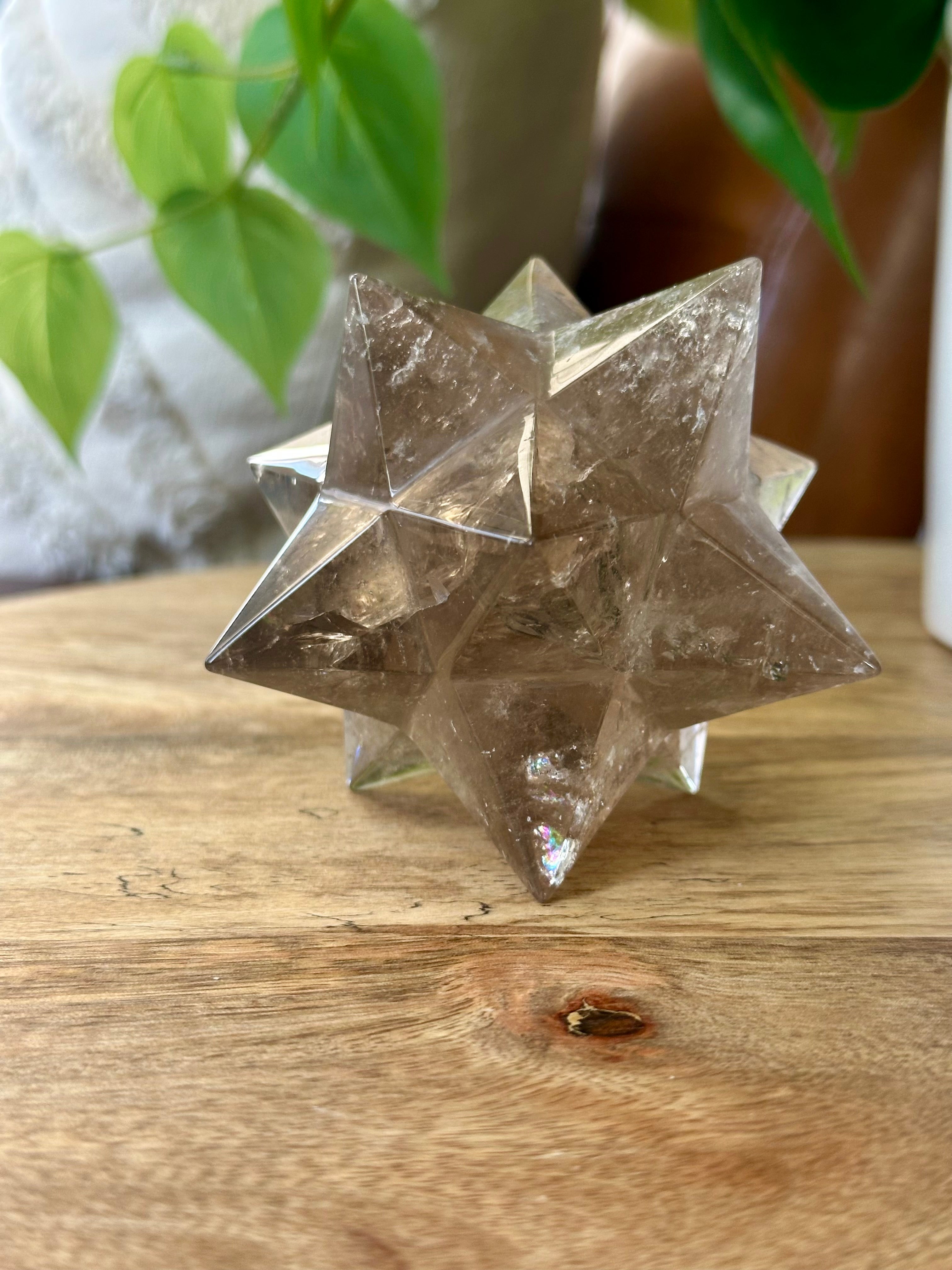 Smoky Quartz Polished Star from Brazil. 12 pointed Quartz Star with Rainbows