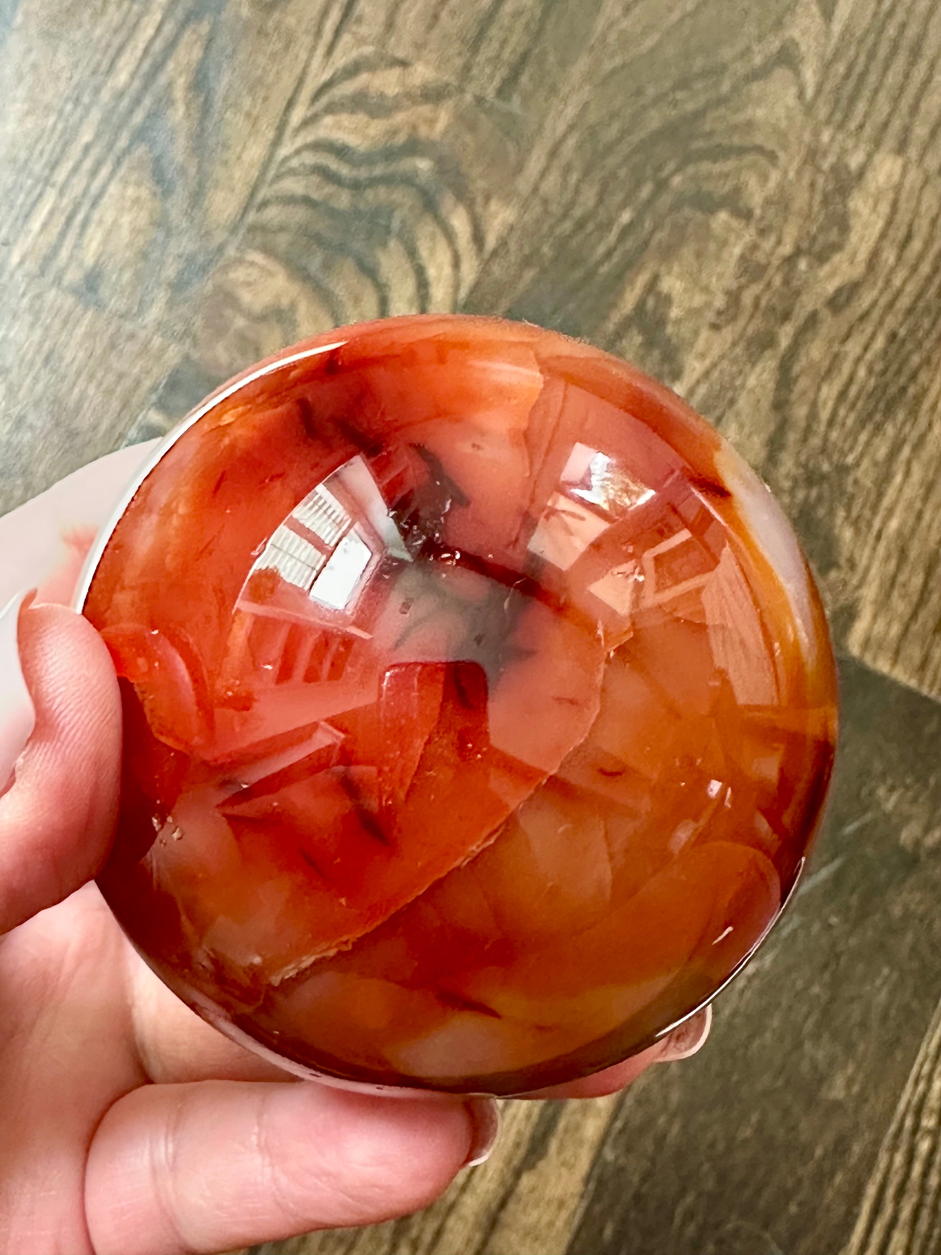 Carnelian Sphere with natural Druzy inclusion. 70mm.