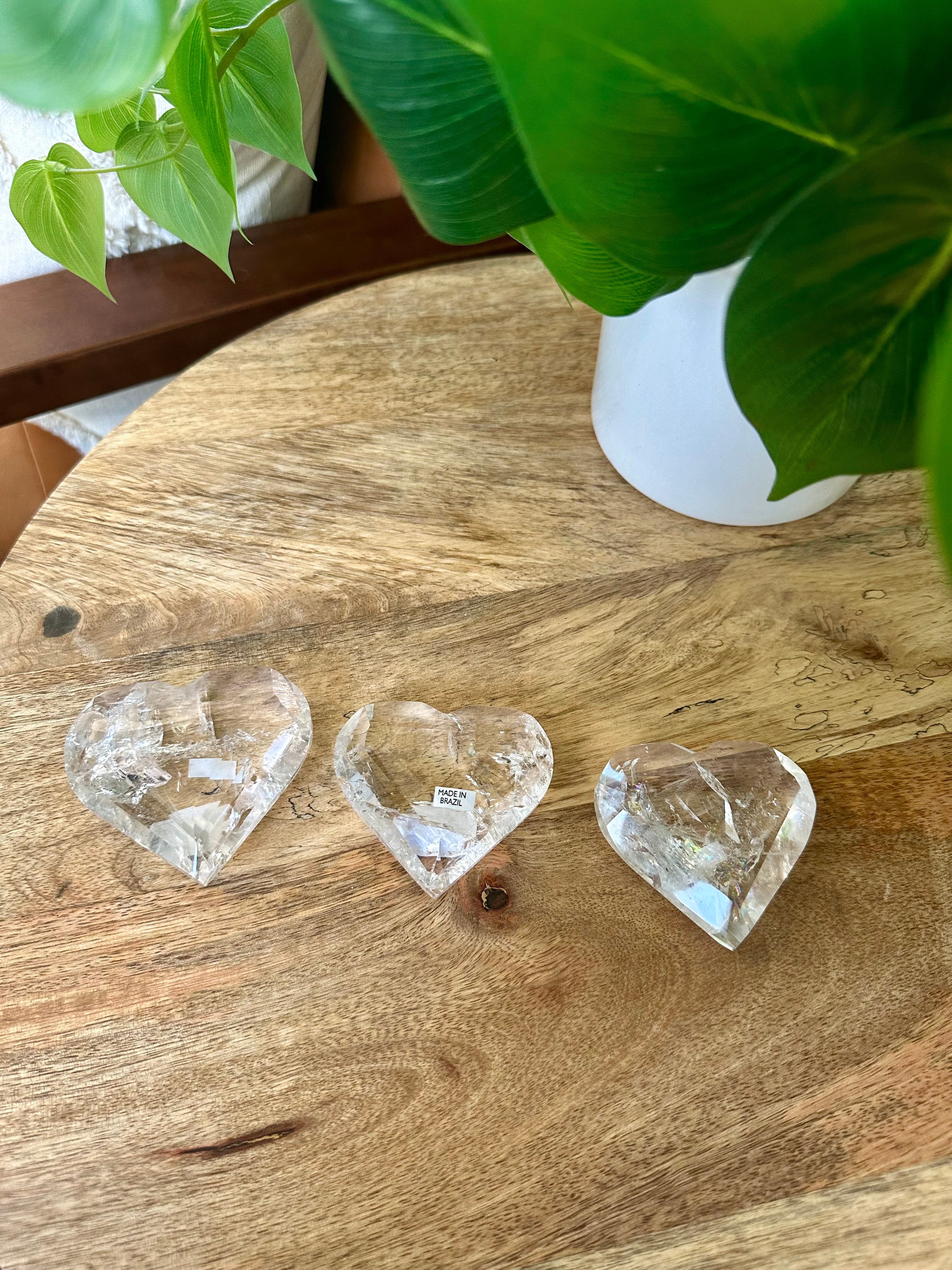 Quartz Polished Hearts with Rainbows from Brazil