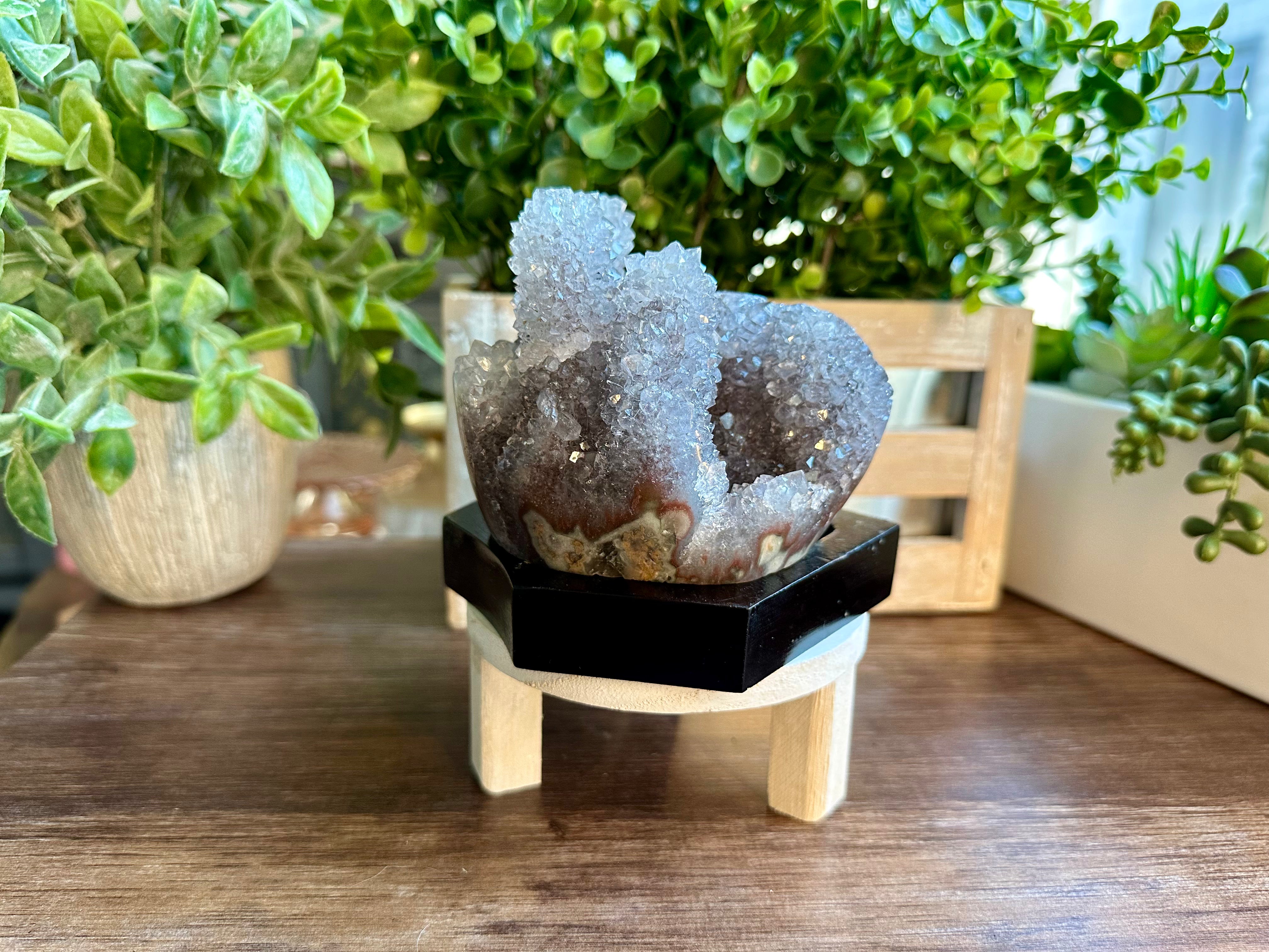 Lavender Cactus Amethyst. Spirit Quartz Cluster on wood display from Uruguay.