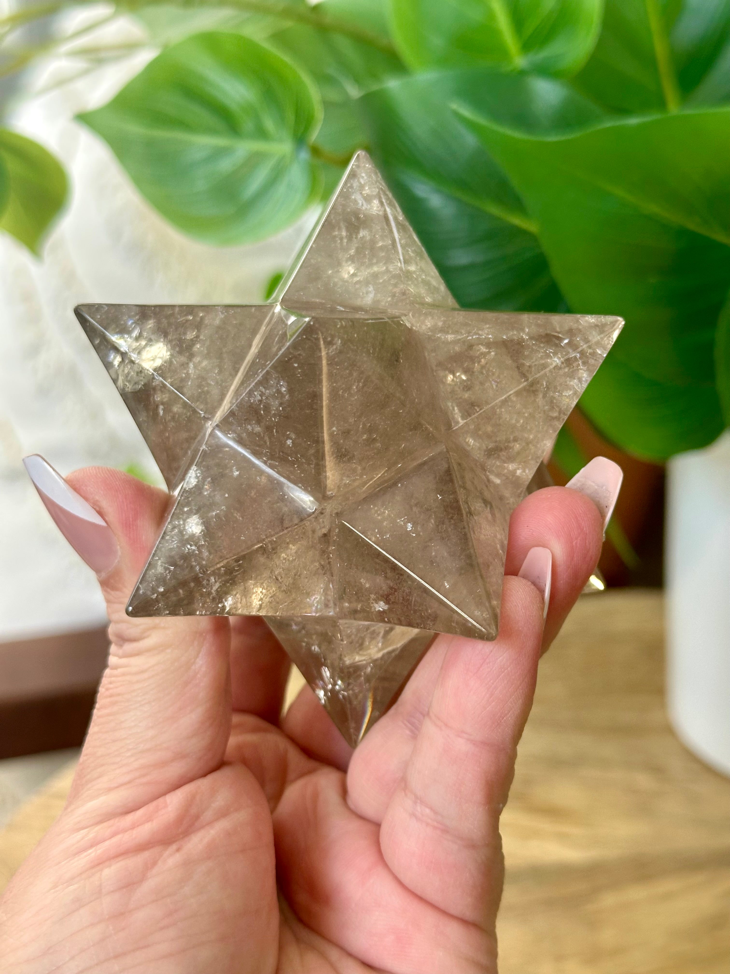 Smoky Quartz Polished Star from Brazil. 12 pointed Quartz Star with Rainbows