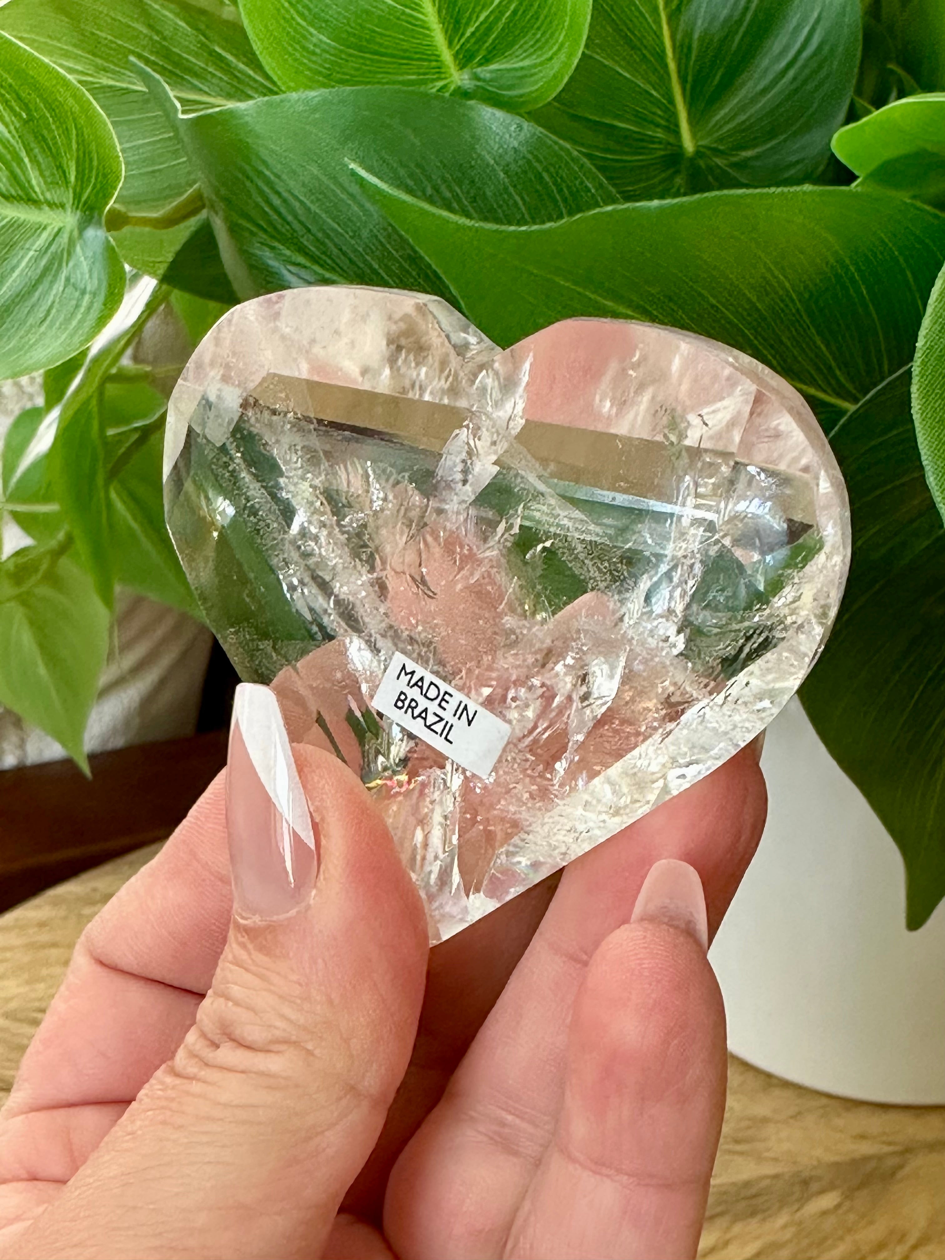 Quartz Polished Hearts with Rainbows from Brazil