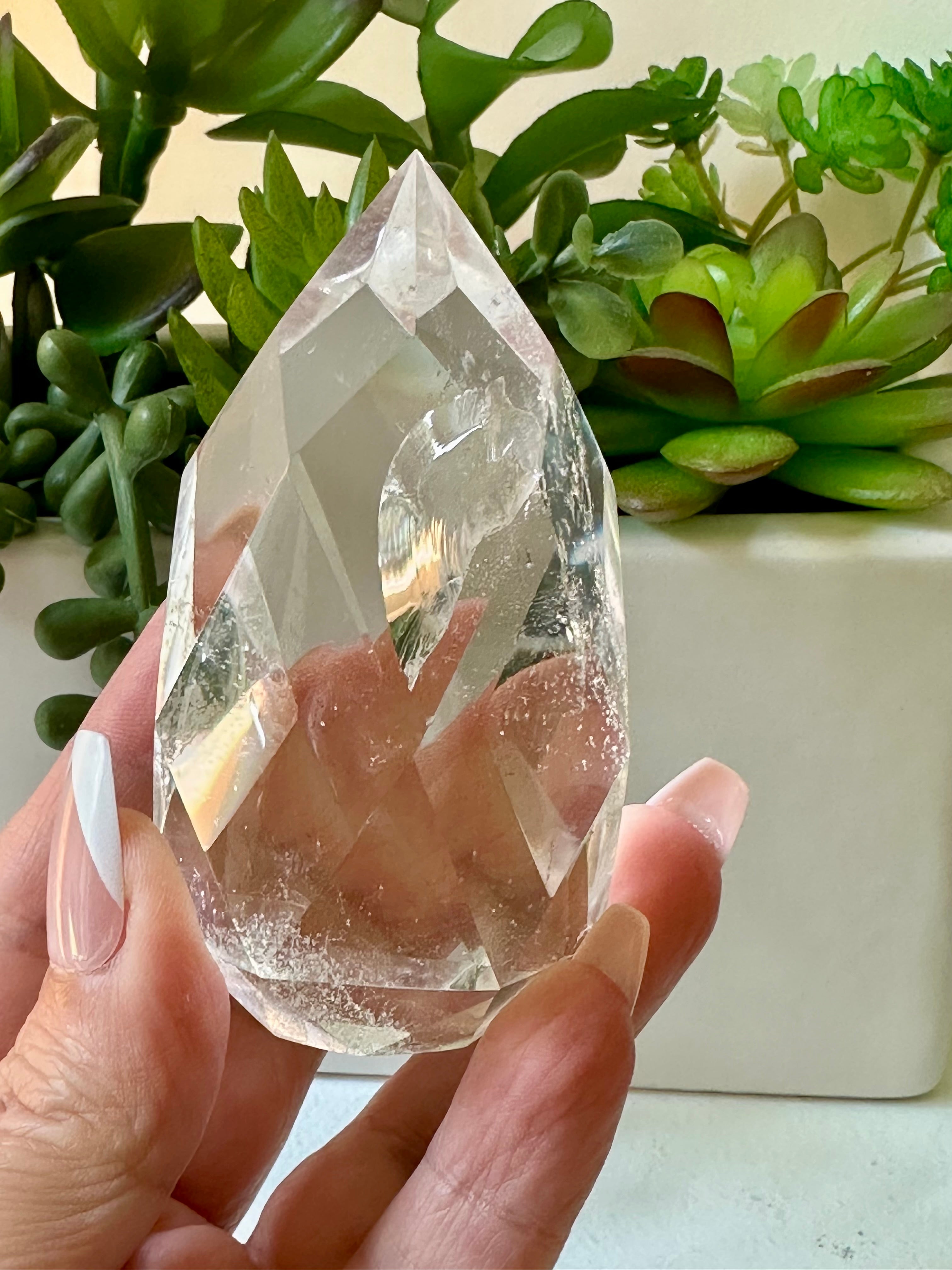 Medium High Clarity Multifaceted Quartz Flame. 198 gr.