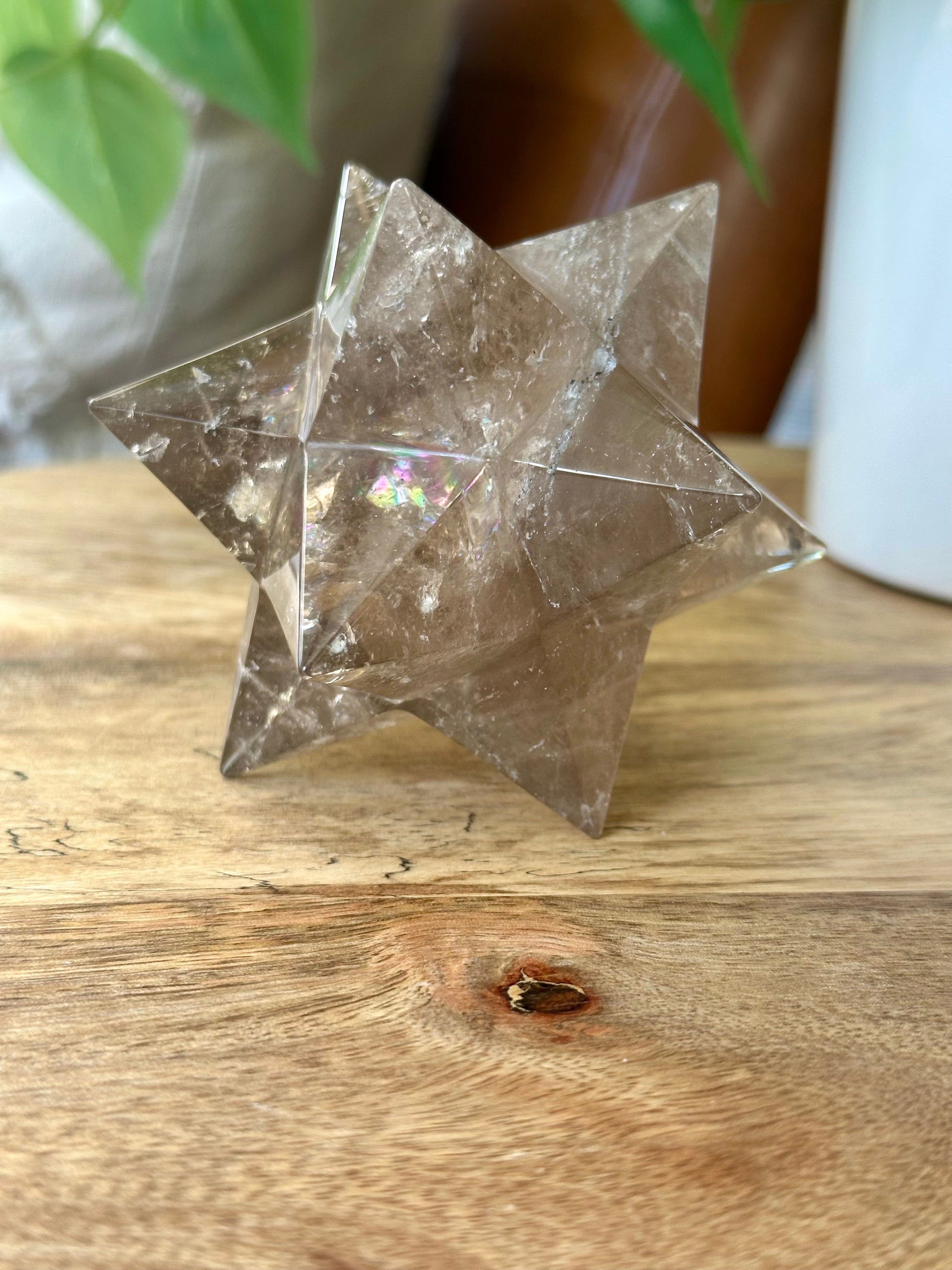 Smoky Quartz Polished Star from Brazil. 12 pointed Quartz Star with Rainbows