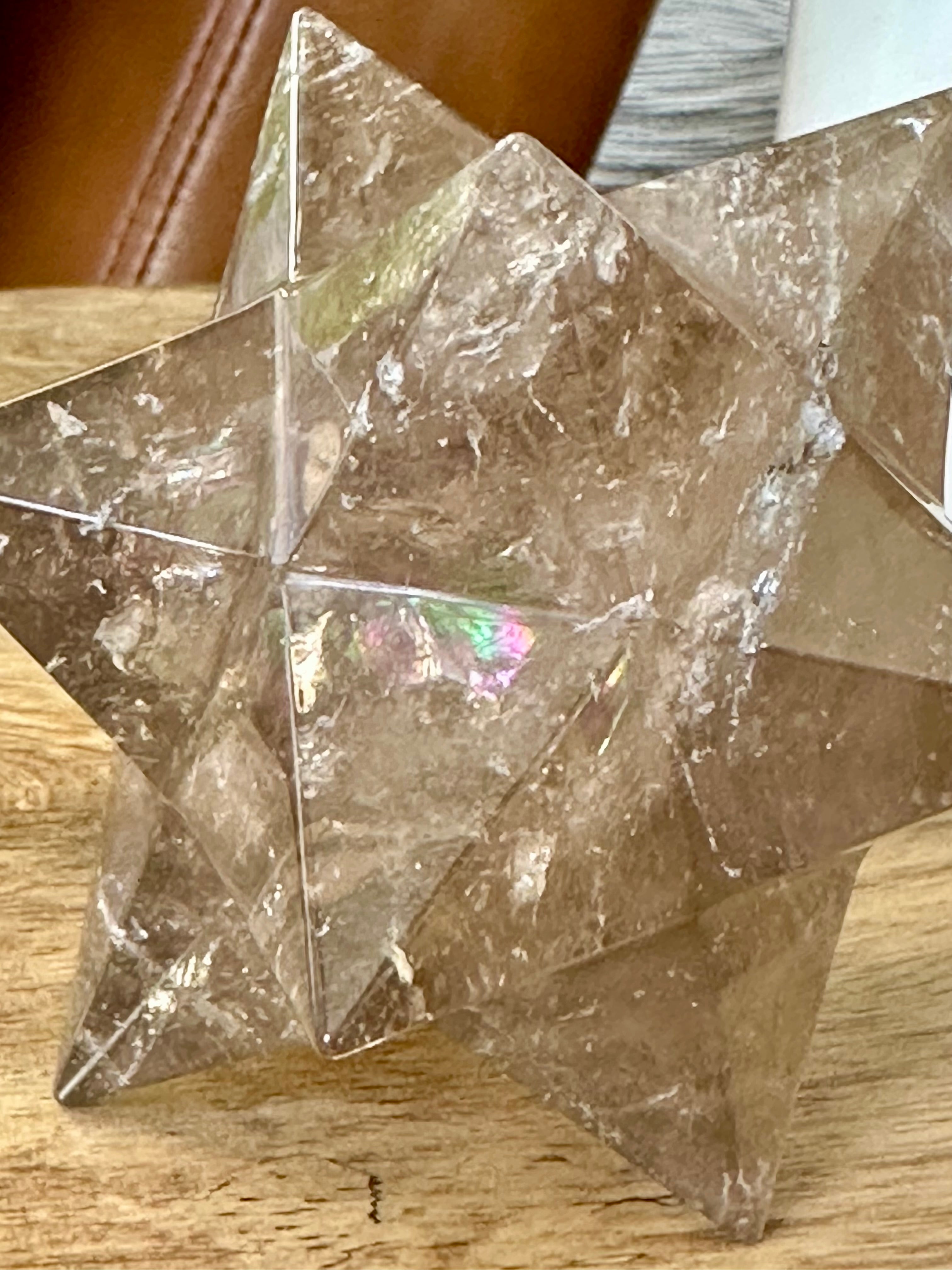 Smoky Quartz Polished Star from Brazil. 12 pointed Quartz Star with Rainbows