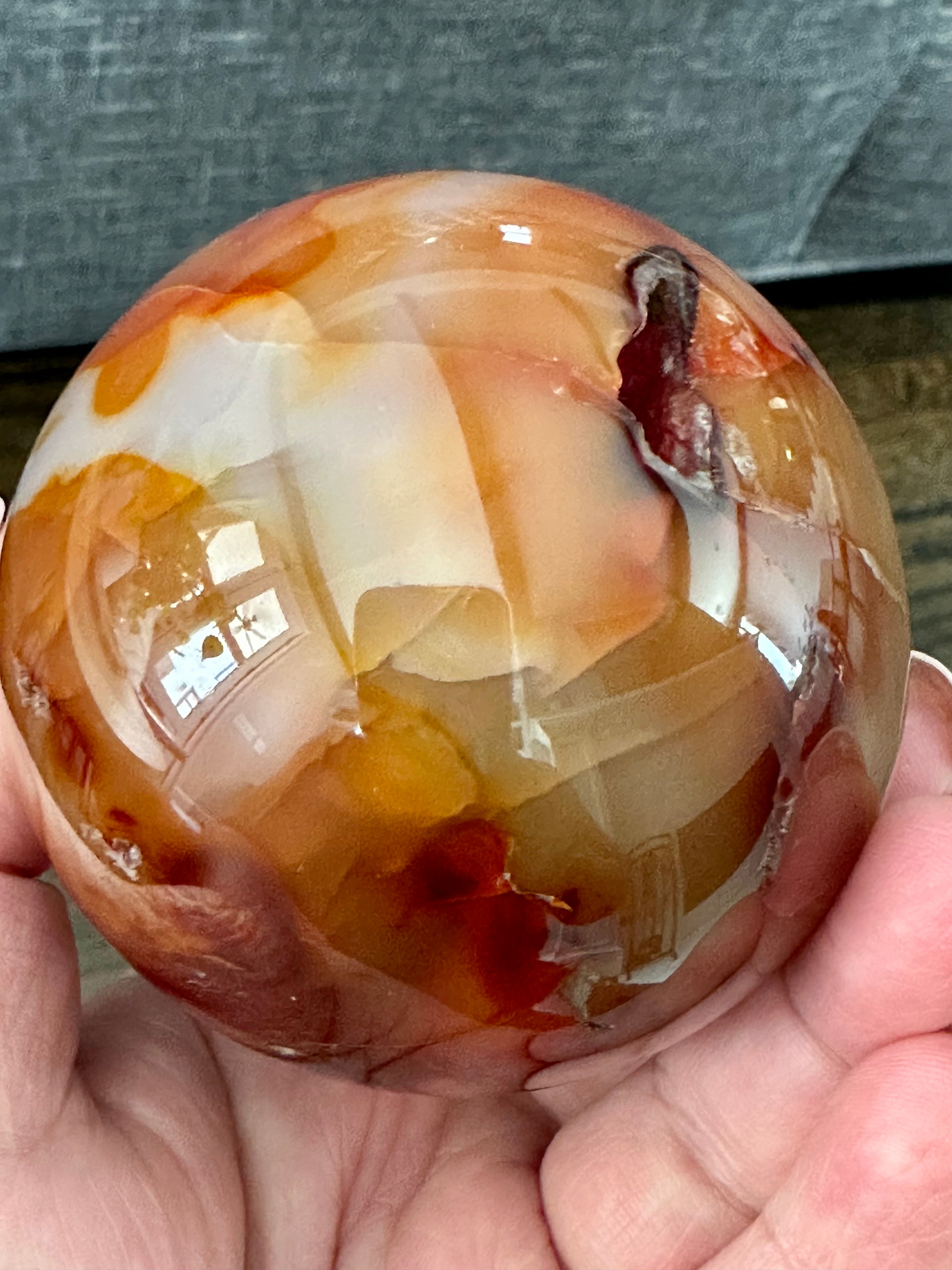 Carnelian Sphere with natural Druzy inclusion. 70mm.