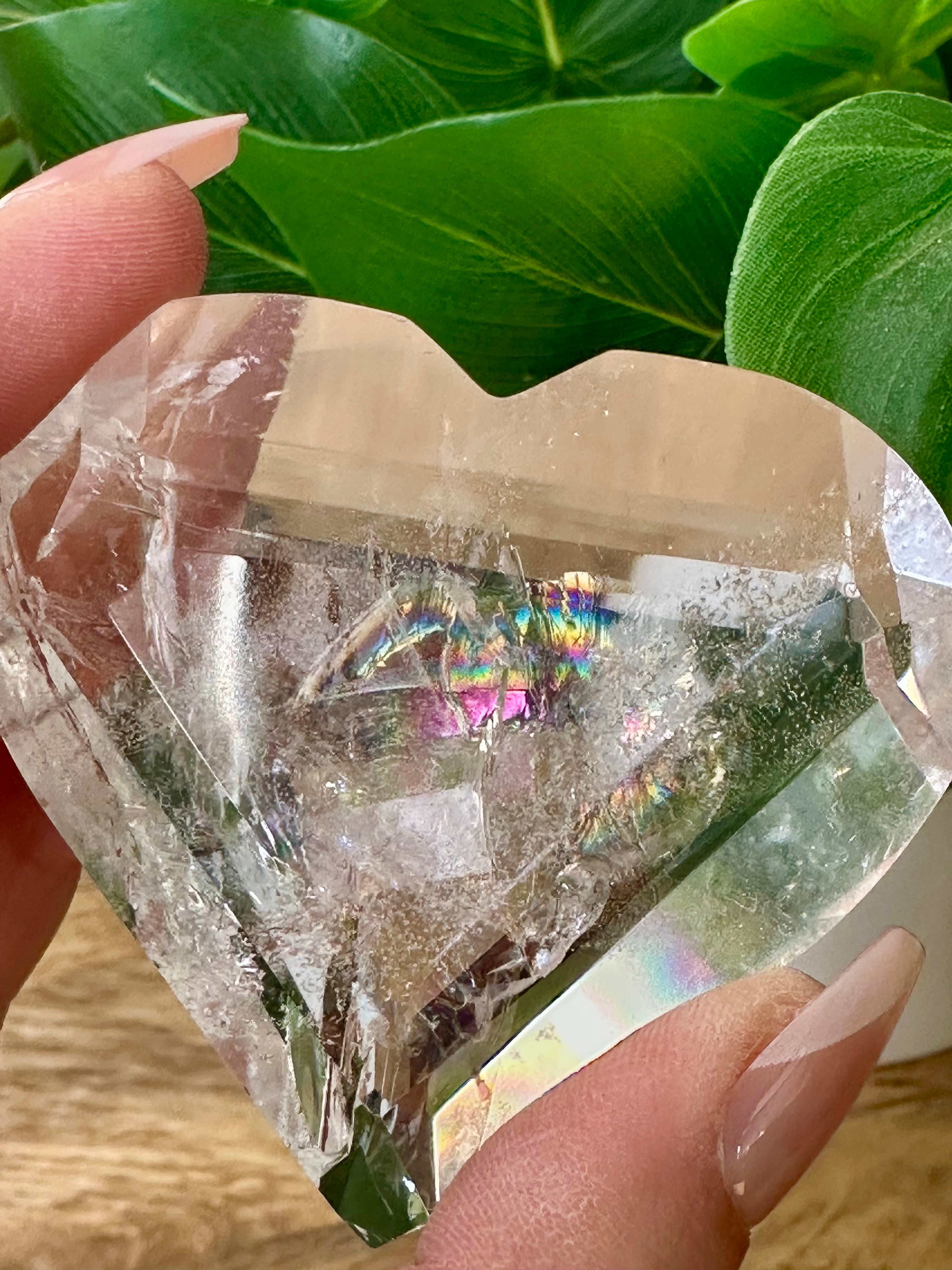 Quartz Polished Hearts with Rainbows from Brazil