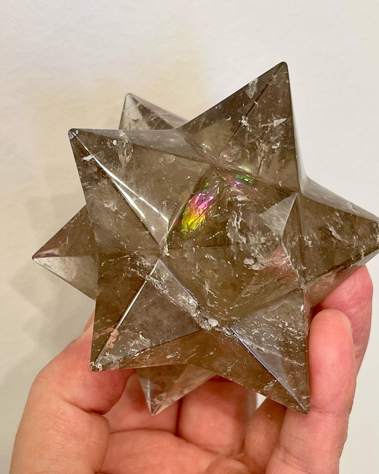 Smoky Quartz Polished Star from Brazil. 12 pointed Quartz Star with Rainbows