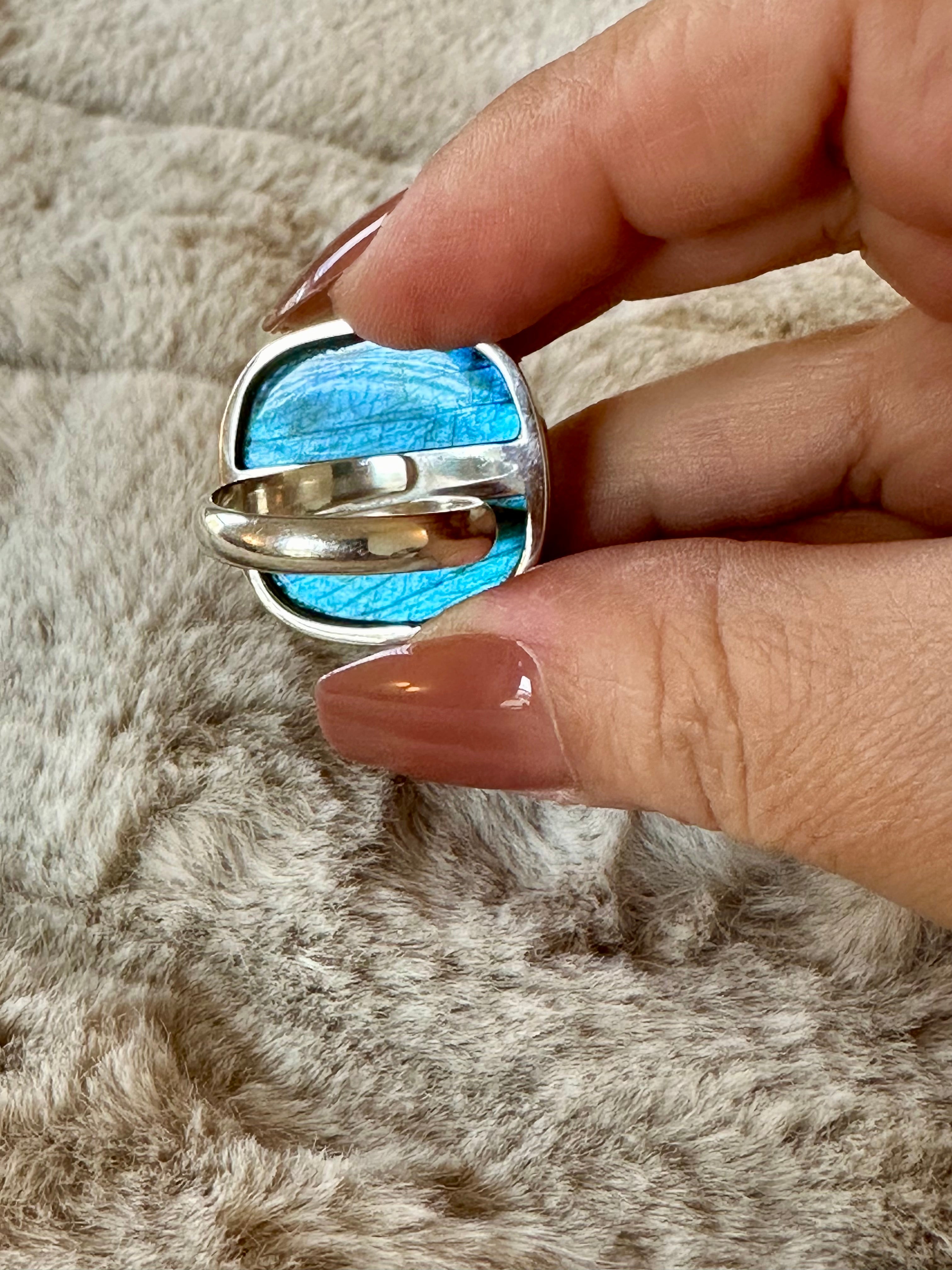 Large square-round Blue Labradorite Adjustable Silver Ring