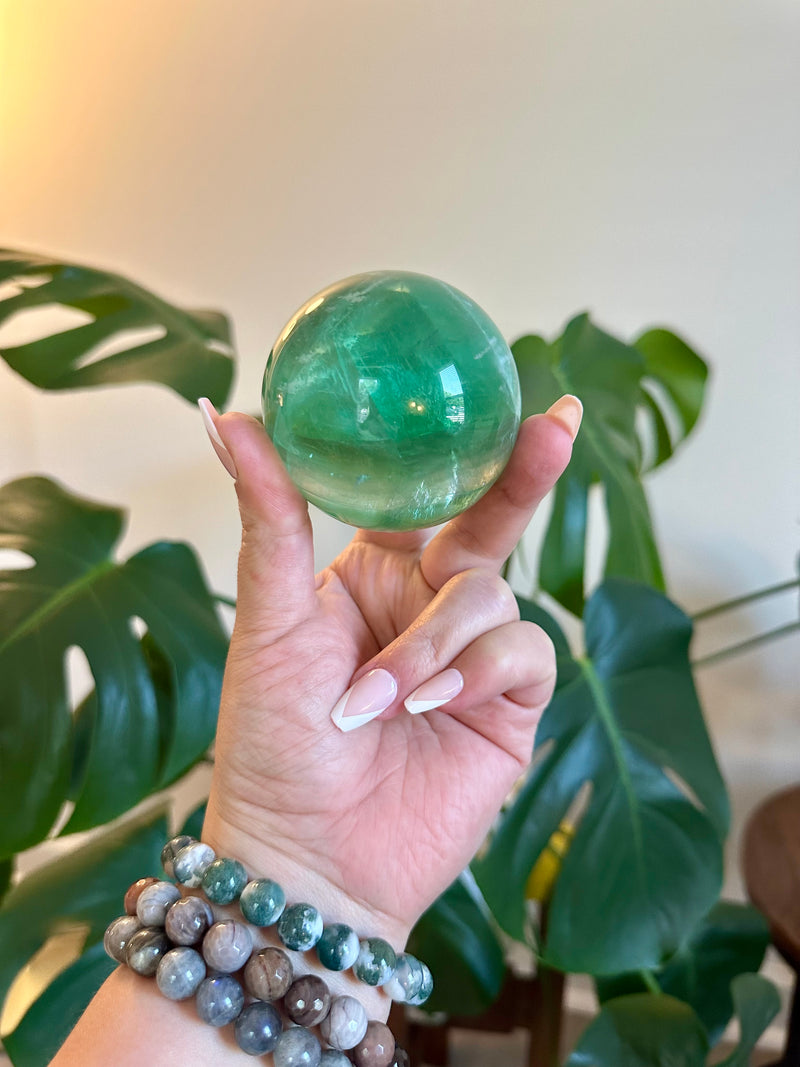 Gorgeous Emerald Green Fluorite Sphere. 65mm.