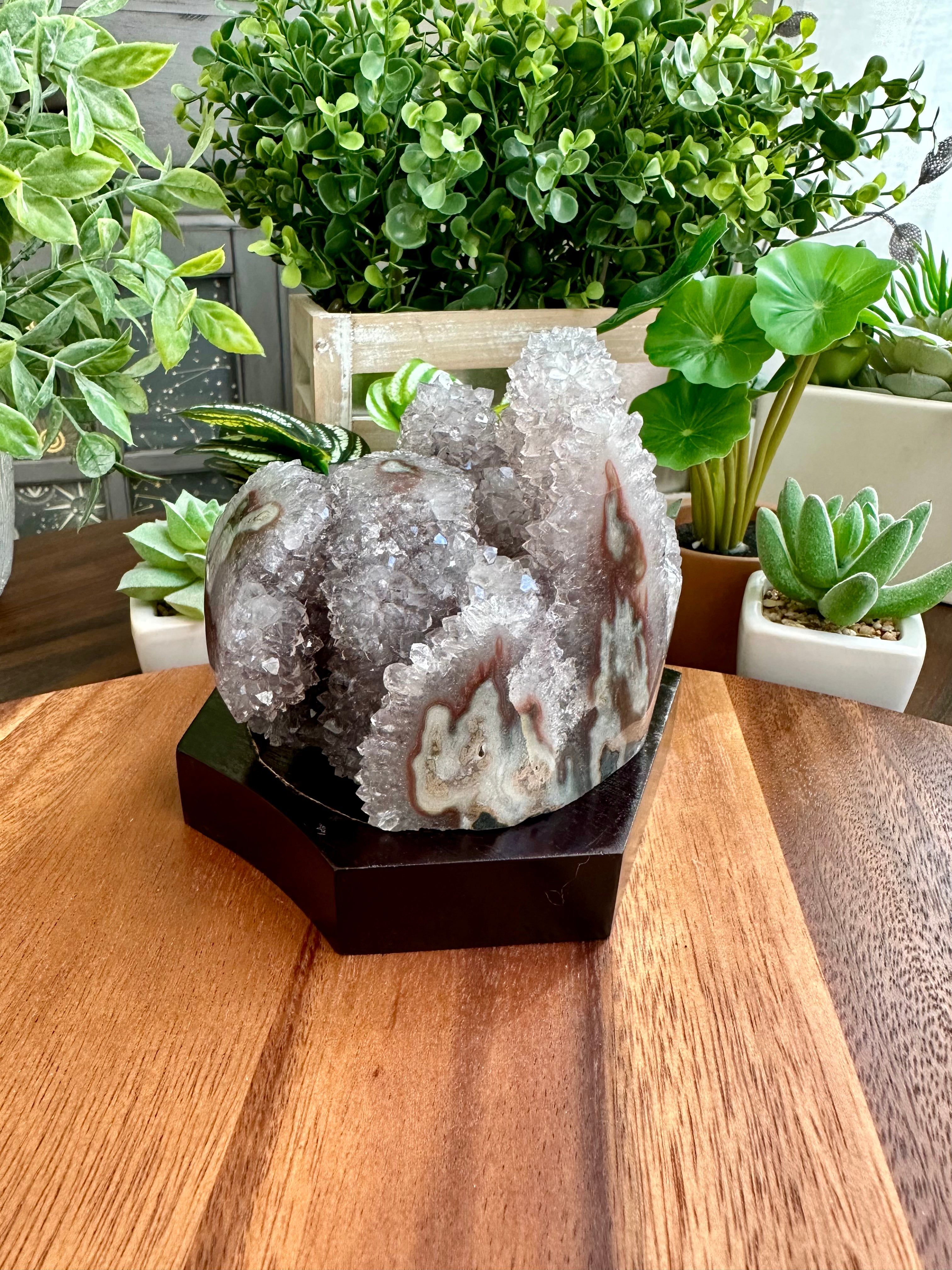 Lavender Cactus Amethyst. Spirit Quartz Cluster on wood display from Uruguay.