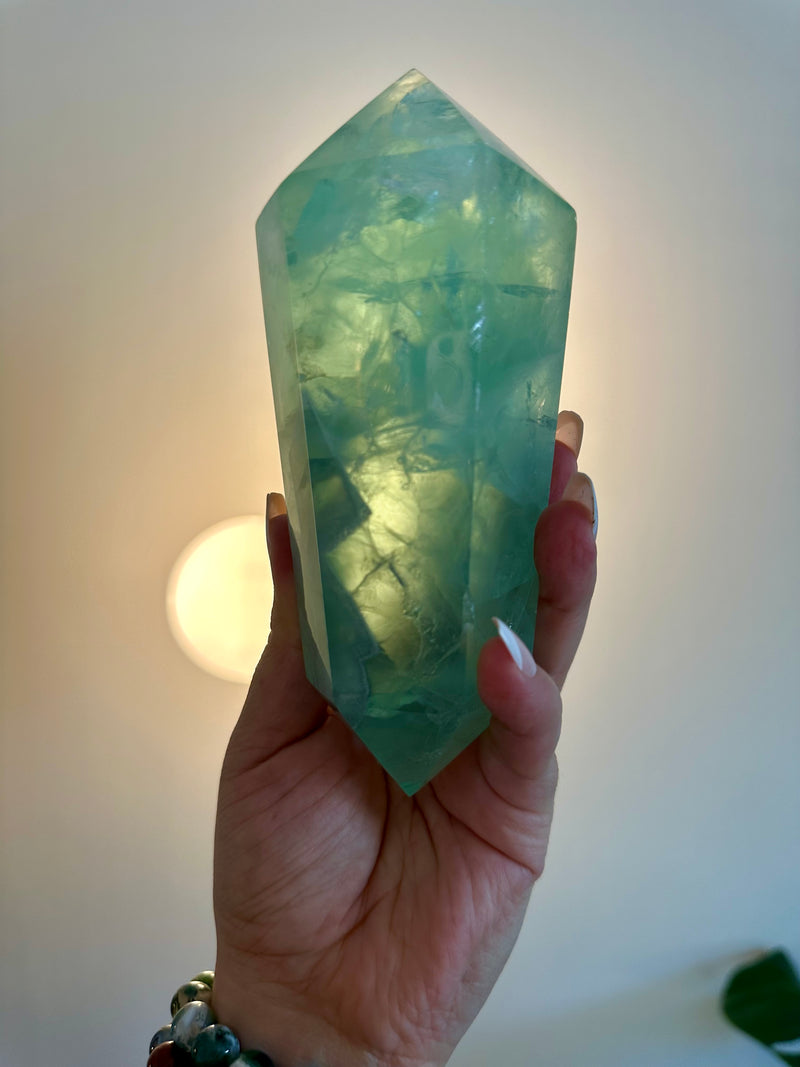 Extra Large Rare Fluorite Double Terminated Point with Cubic phantoms. Custom stand included. 1lb.14oz.