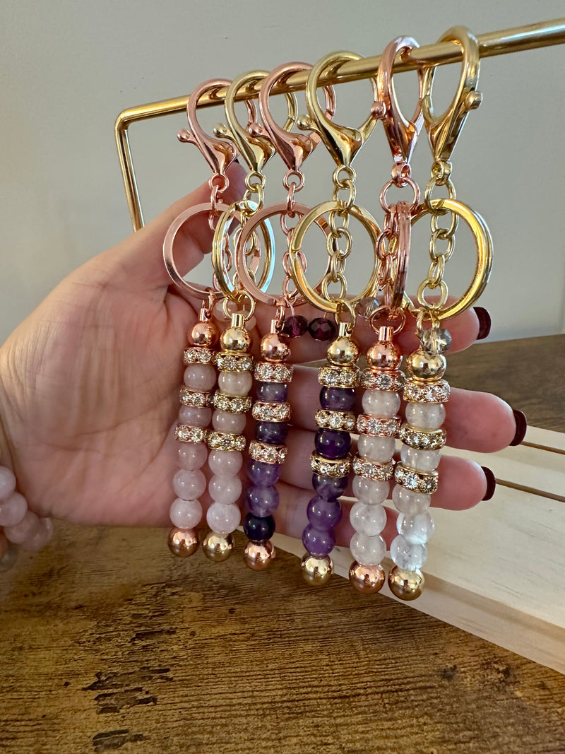 Natural Gemstone Rose Gold, Gold keychain. Rose quartz, quartz, amethyst crystal key chain.