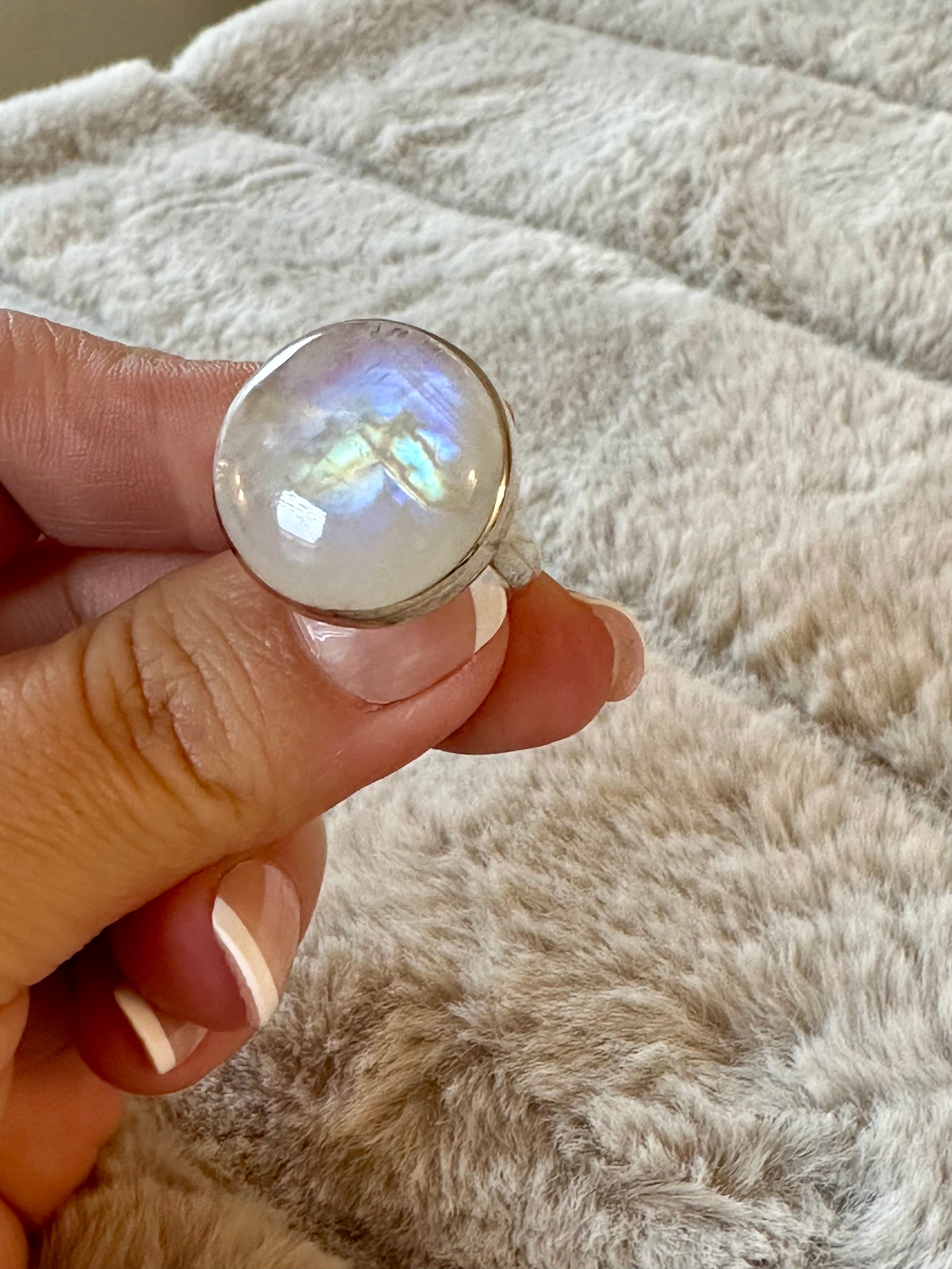 Moonstone Adjustable Silver Ring in Round shape.