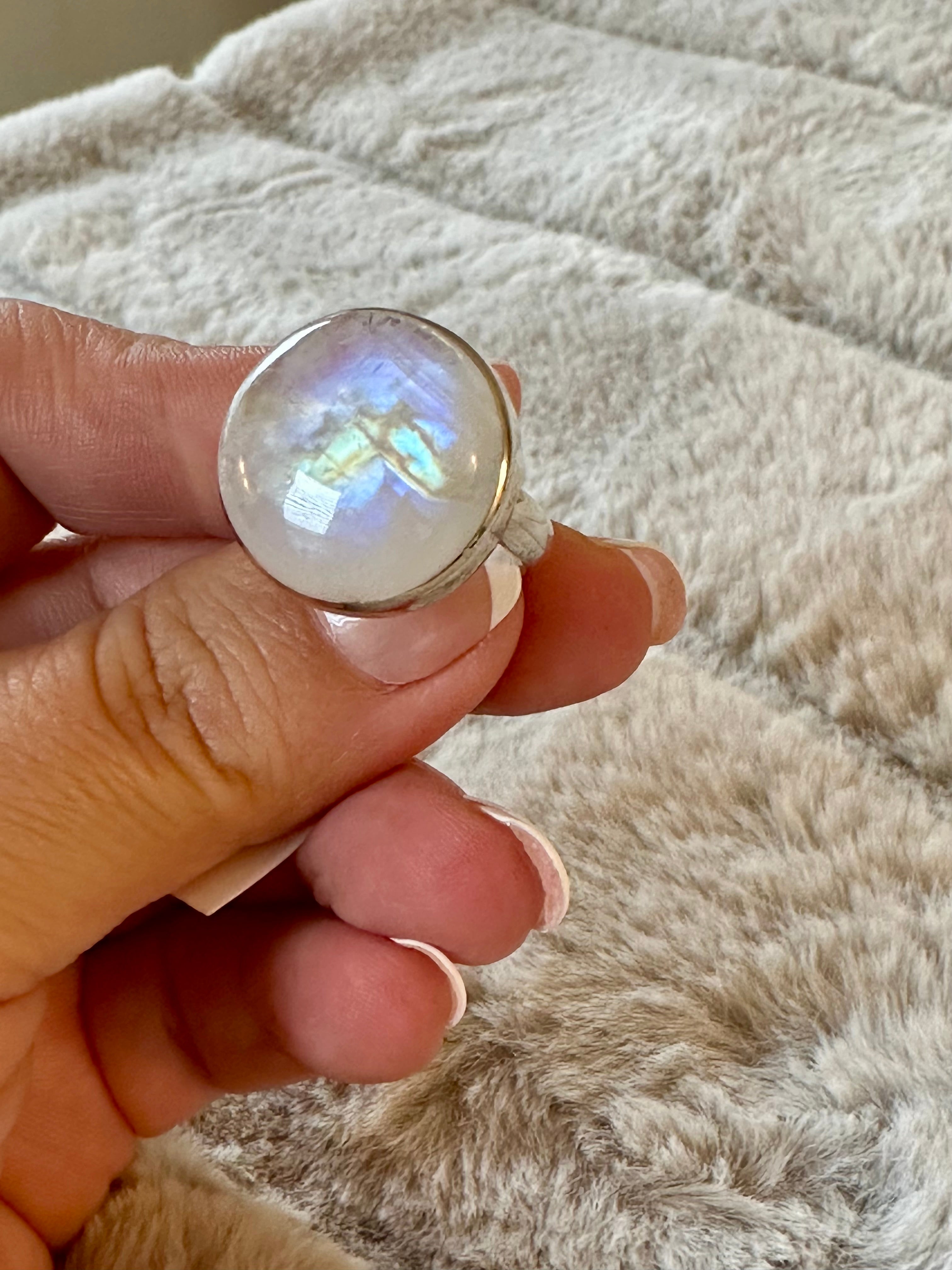 Moonstone Adjustable Silver Ring in Round shape.