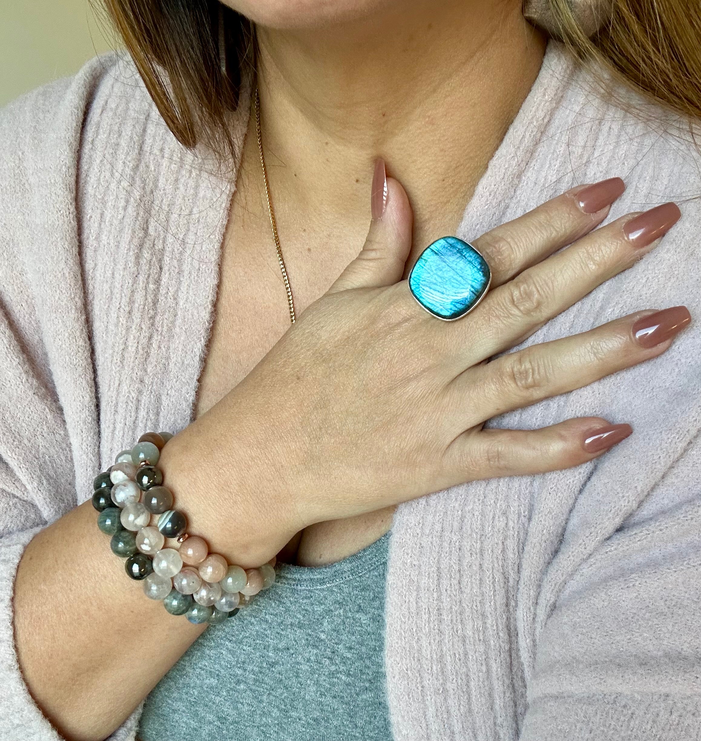 Large square-round Blue Labradorite Adjustable Silver Ring