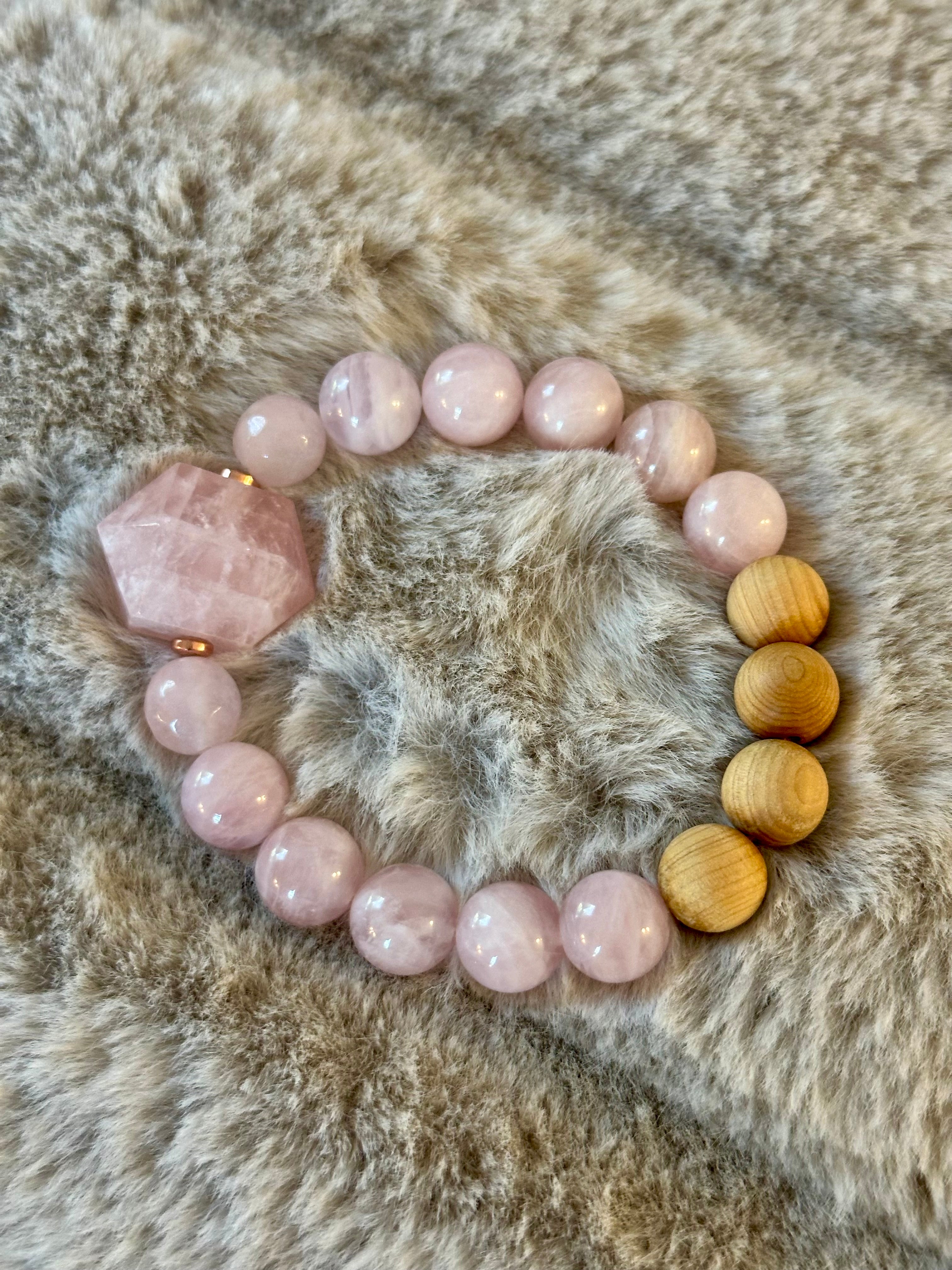 Sacred geometry inspired bracelet with Moroccan rose quartz beads. Genuine Rose quartz beaded bracelet.