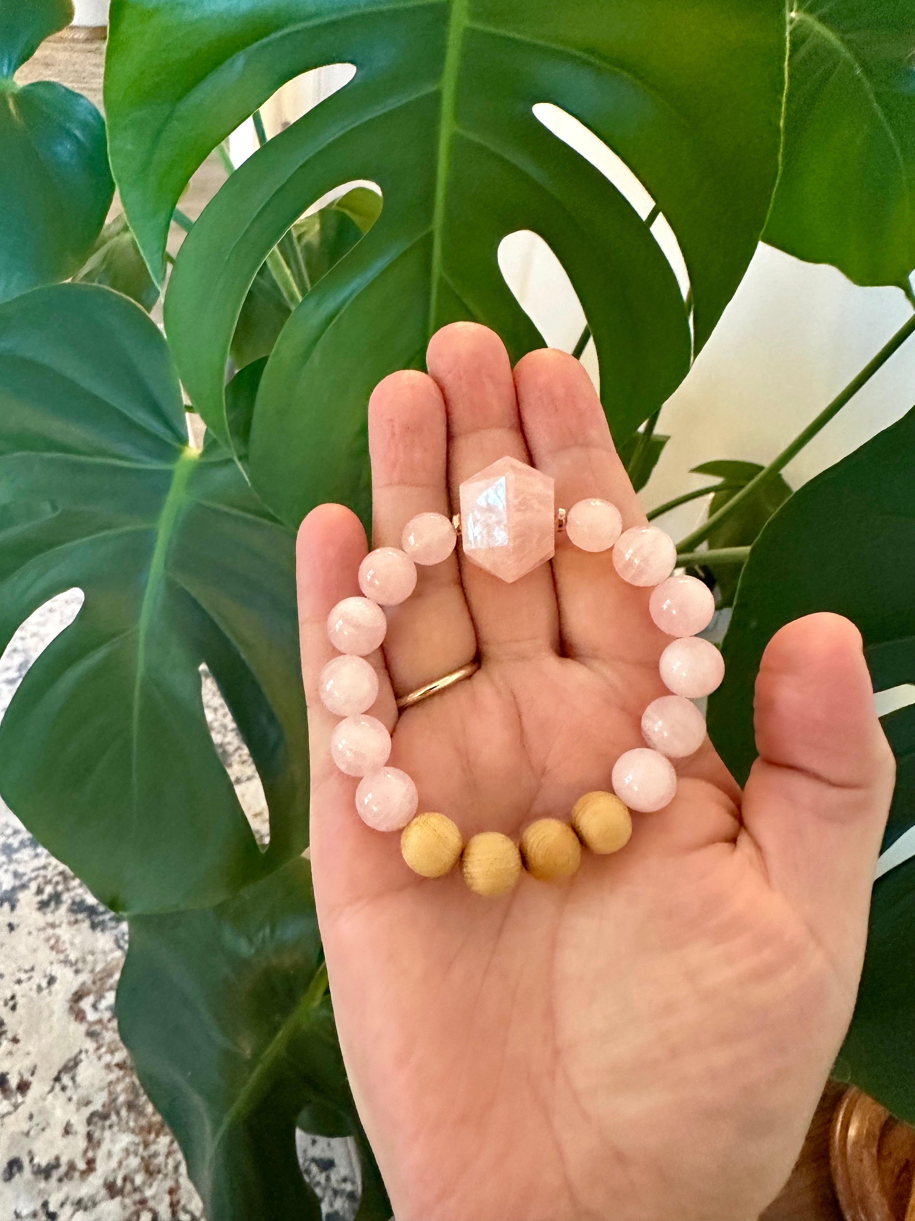 Sacred geometry inspired bracelet with Moroccan rose quartz beads. Genuine Rose quartz beaded bracelet.