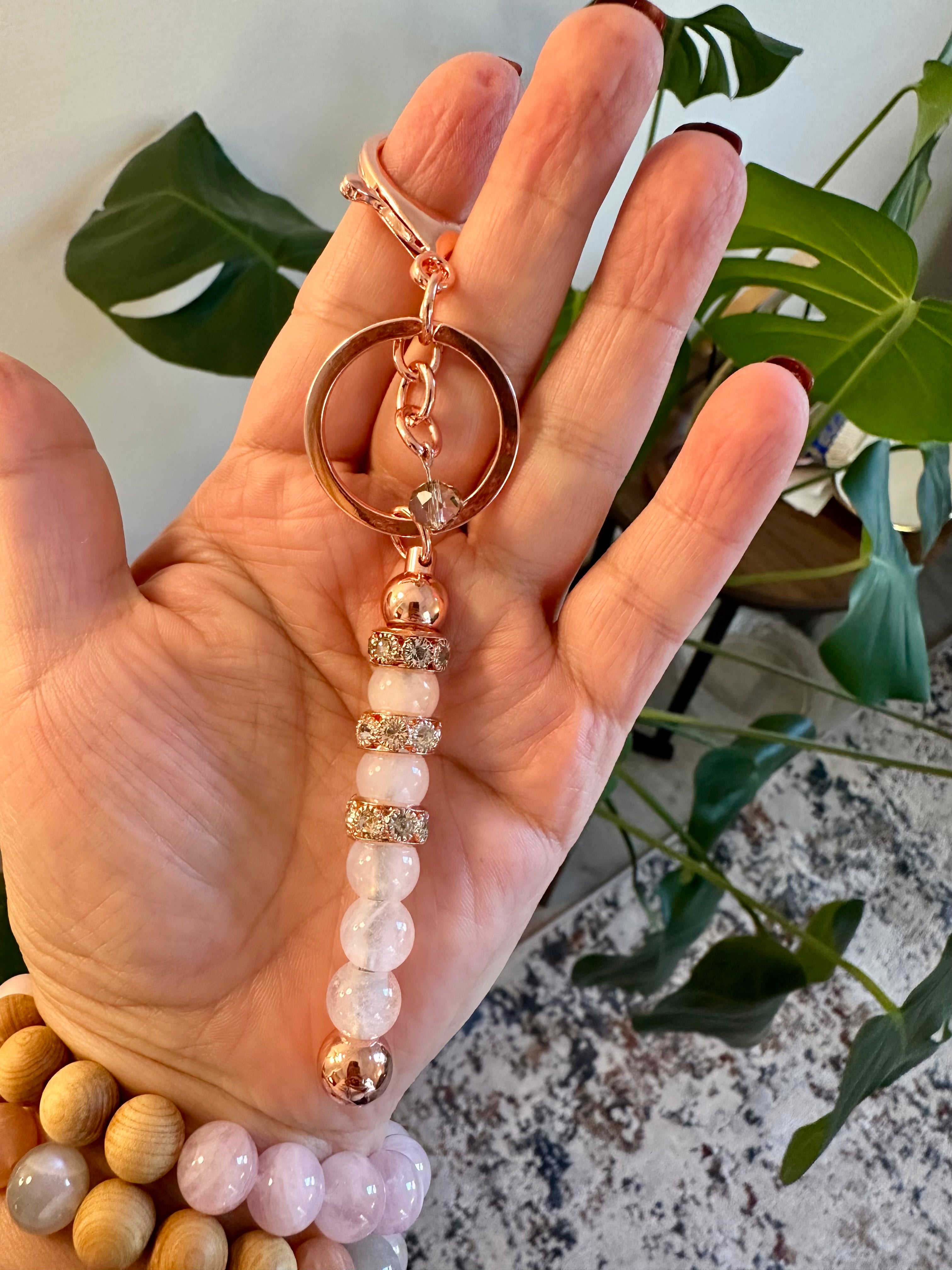 Natural Gemstone Rose Gold, Gold keychain. Rose quartz, quartz, amethyst crystal key chain.