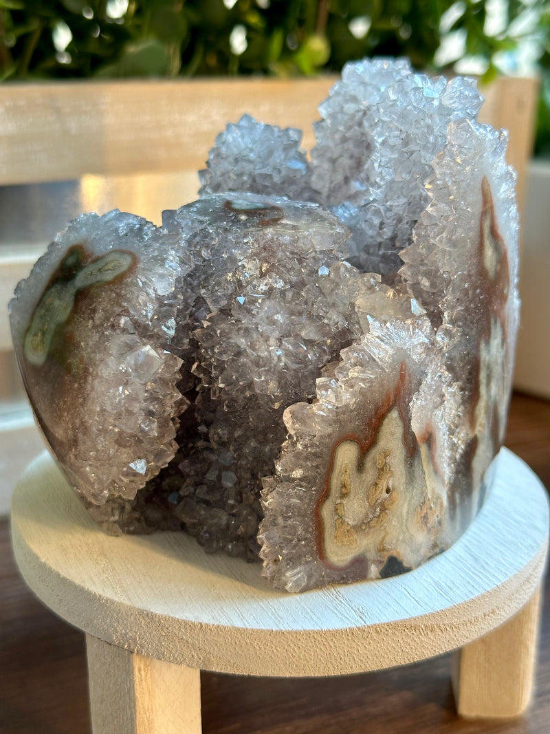 Lavender Cactus Amethyst. Spirit Quartz Cluster on wood display from Uruguay.