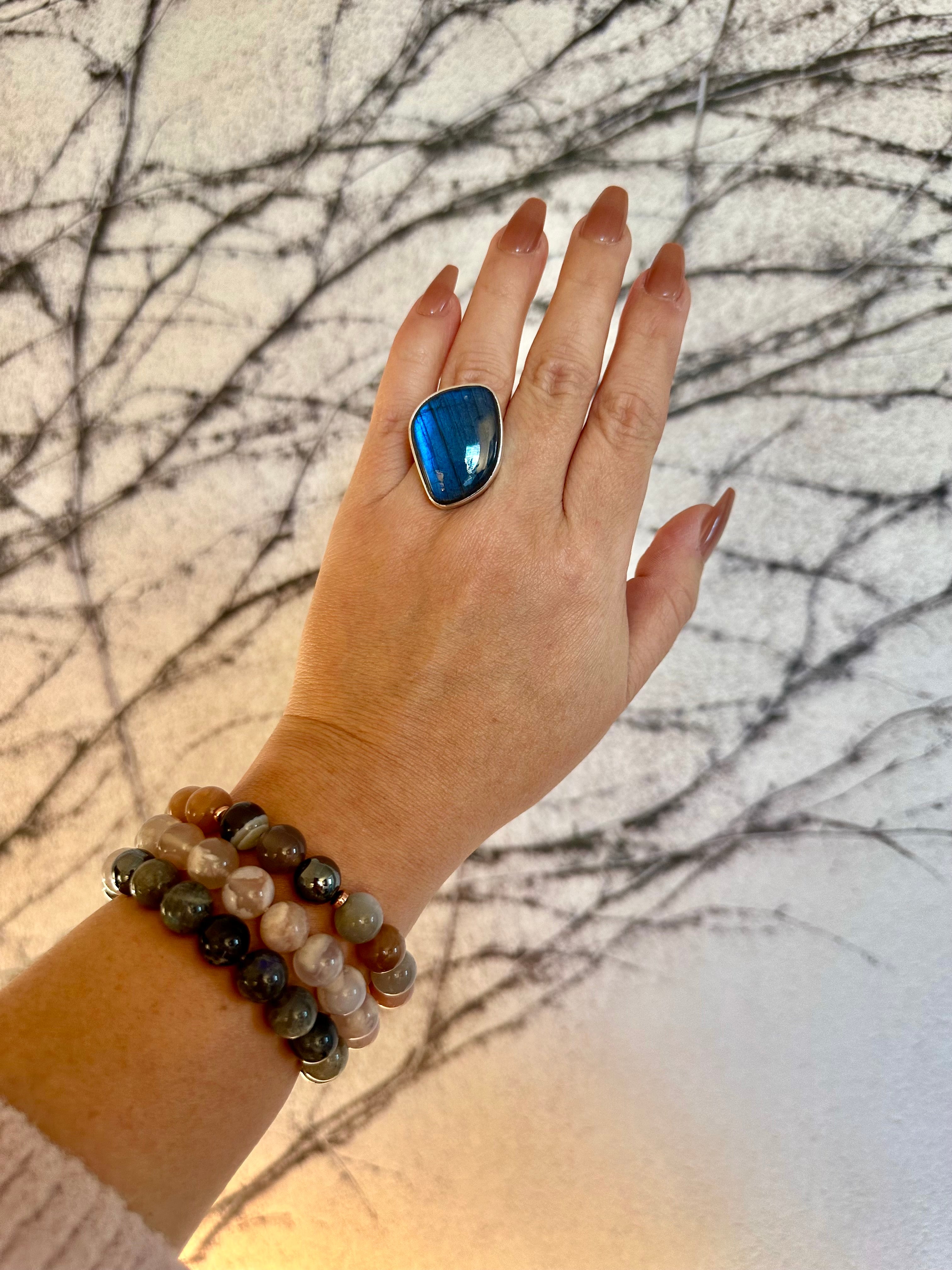 Large free-form Blue Labradorite Adjustable Silver Ring