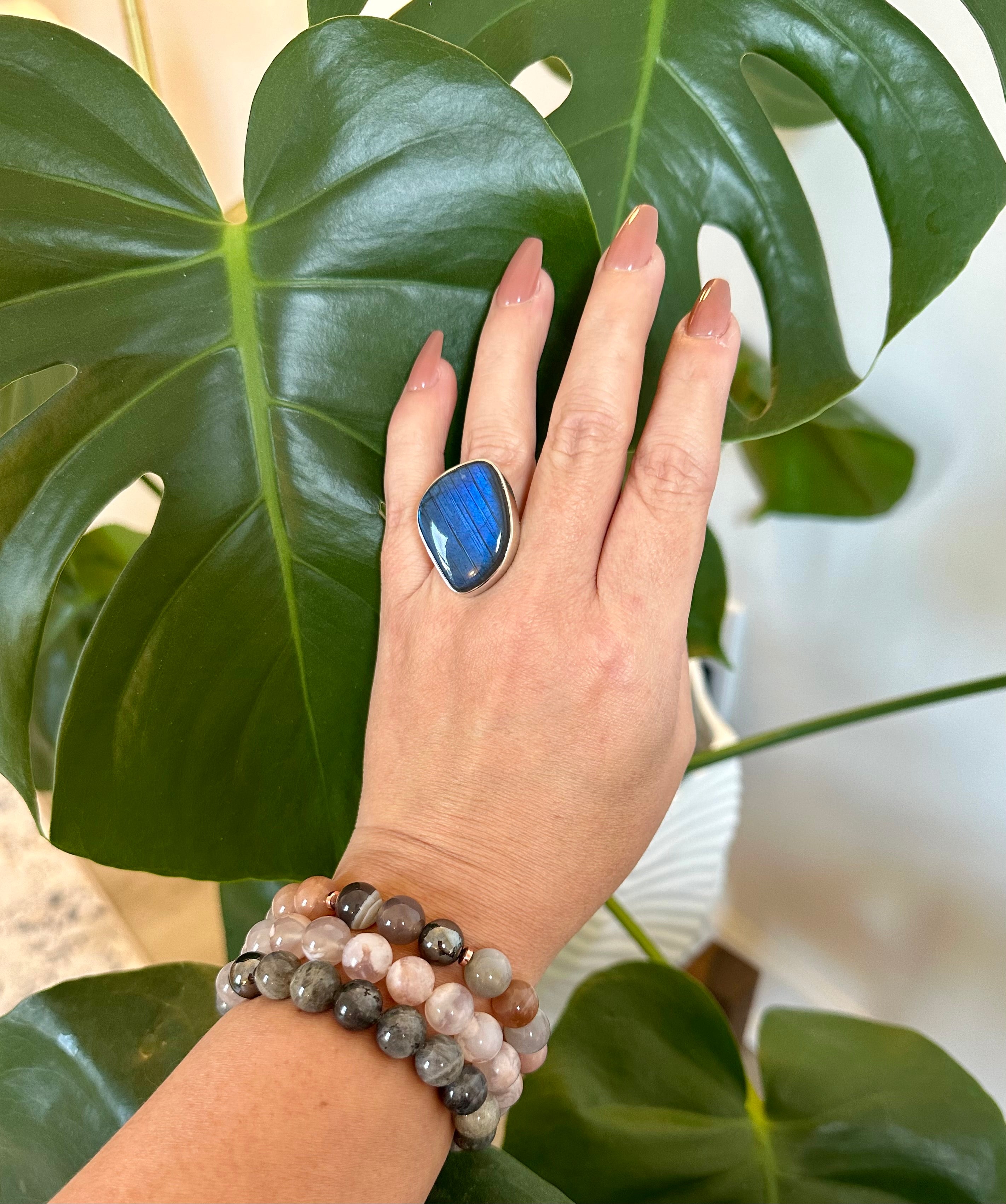 Large free-form Blue Labradorite Adjustable Silver Ring