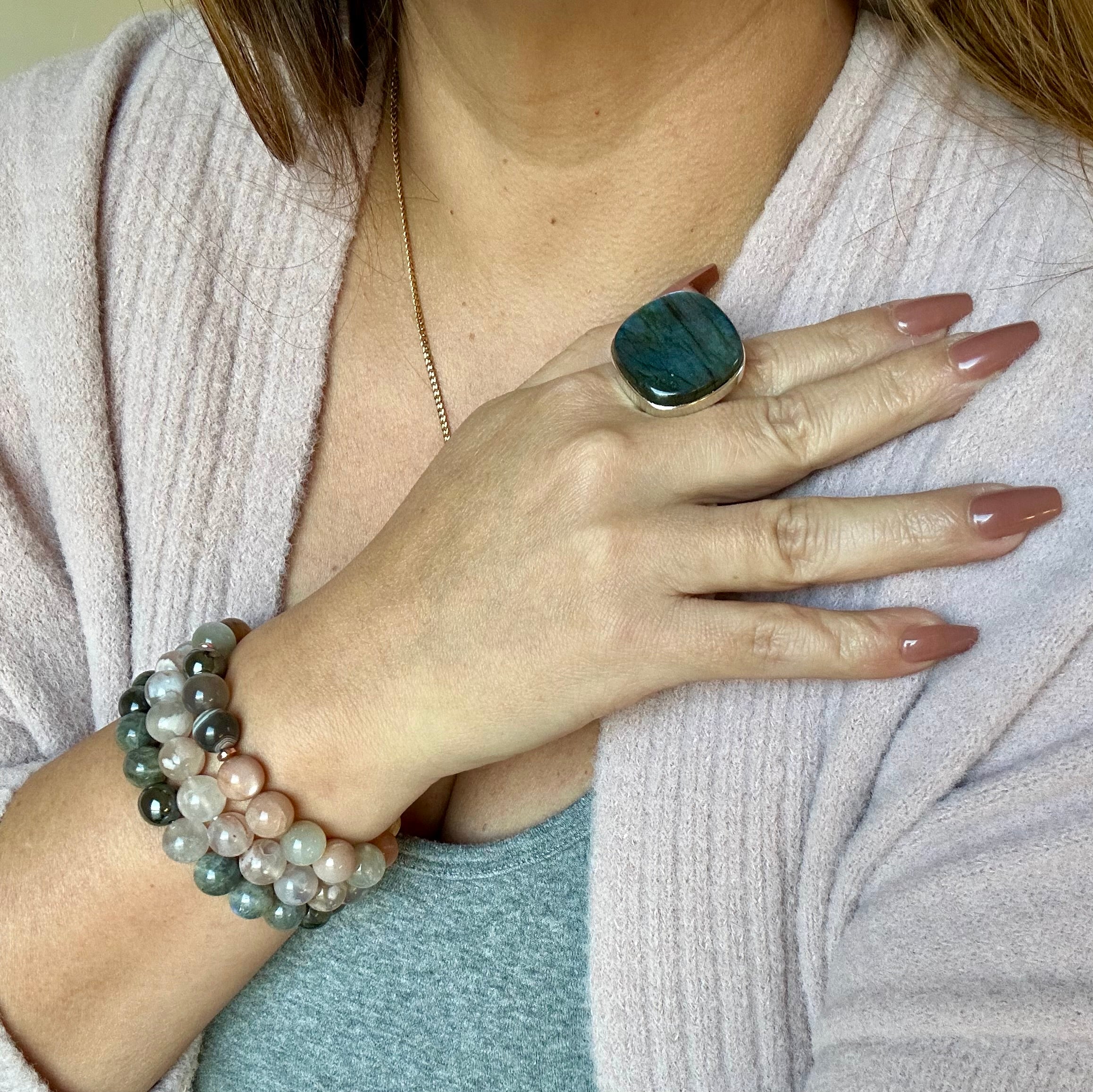 Large square-round Blue Labradorite Adjustable Silver Ring