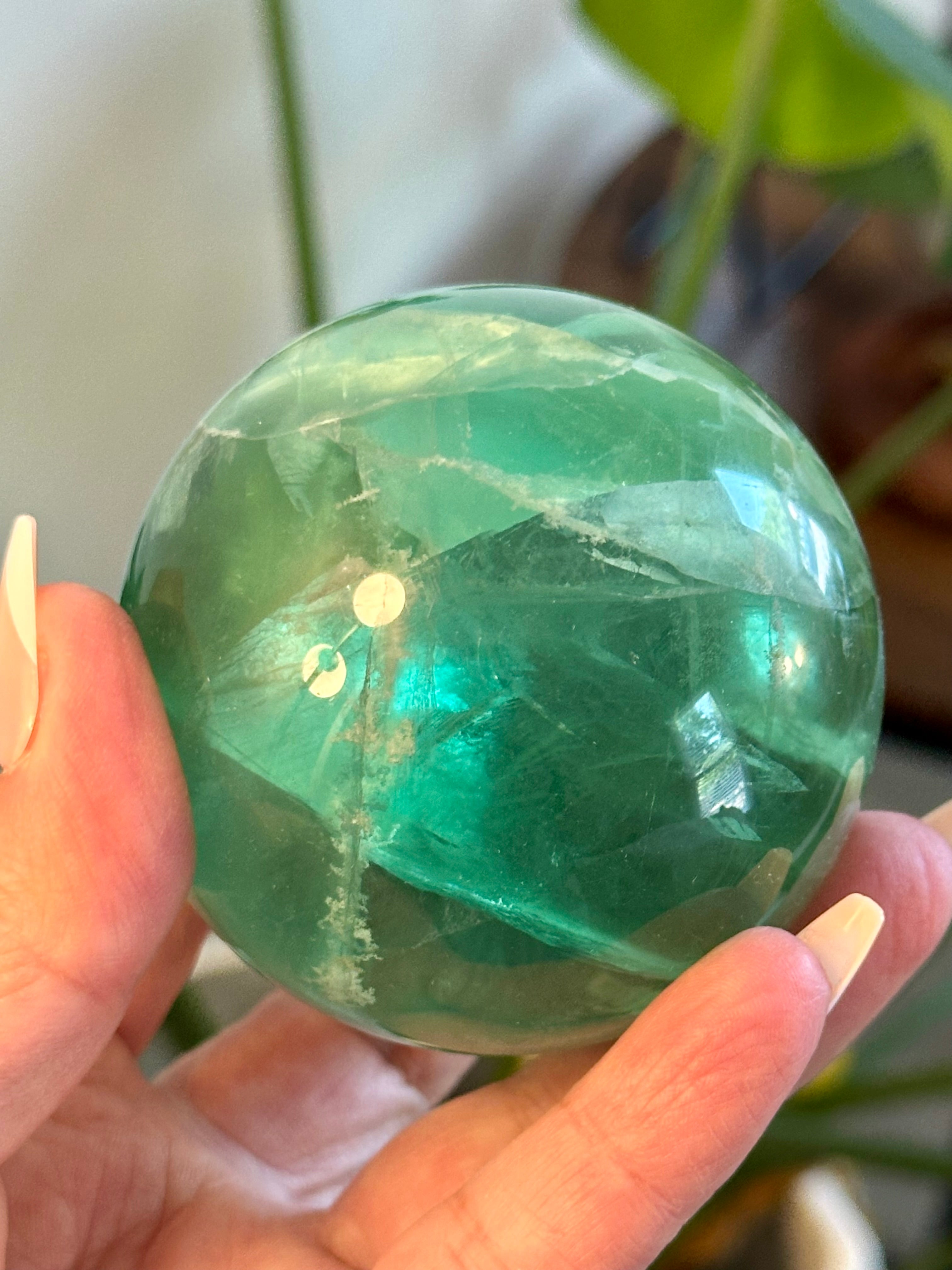 Gorgeous Emerald Green Fluorite Sphere. 65mm.