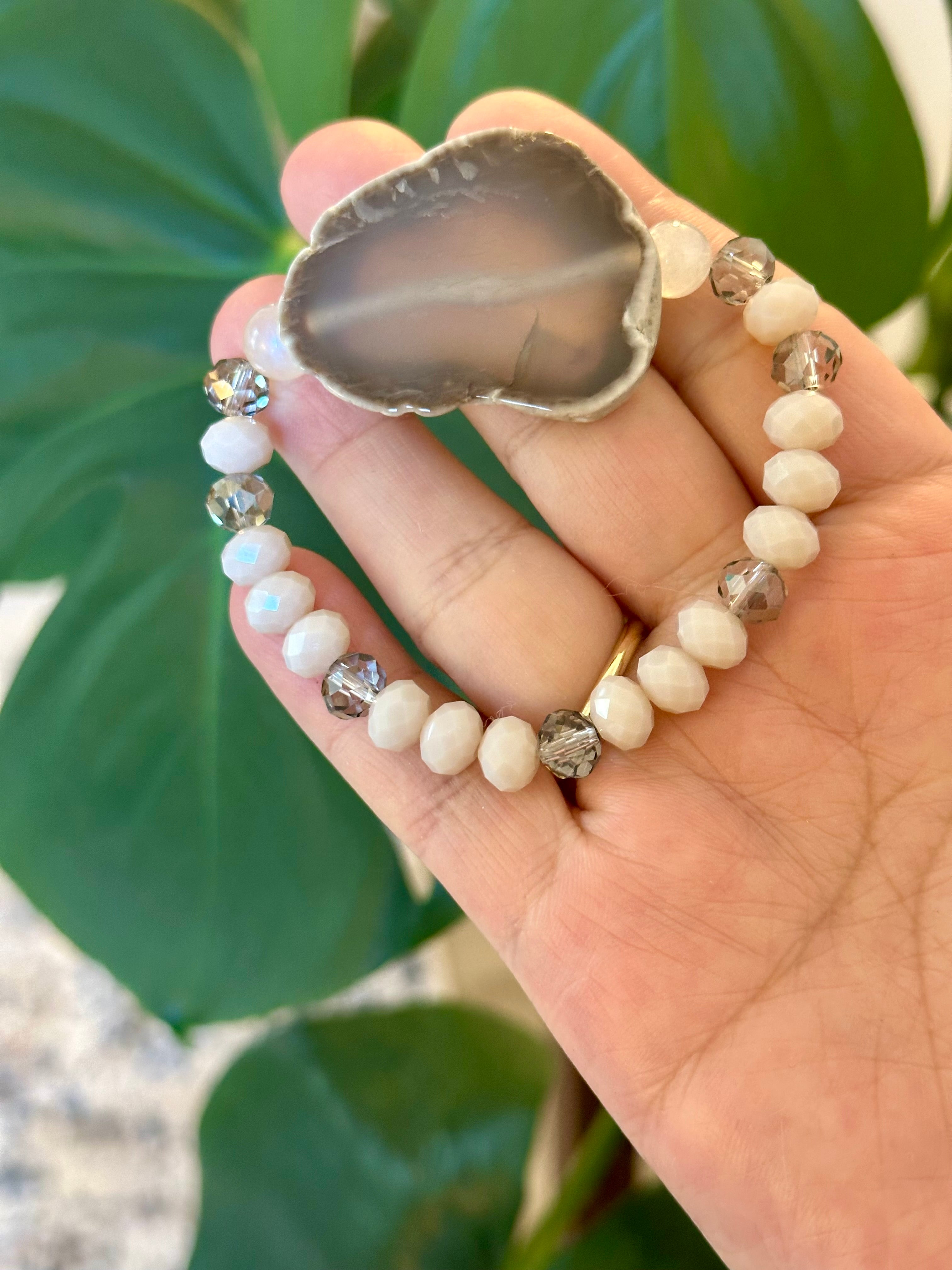 Natural Agate Slice bracelet with moonstone, neutral and smoky beads. Chic stackable bracelet.