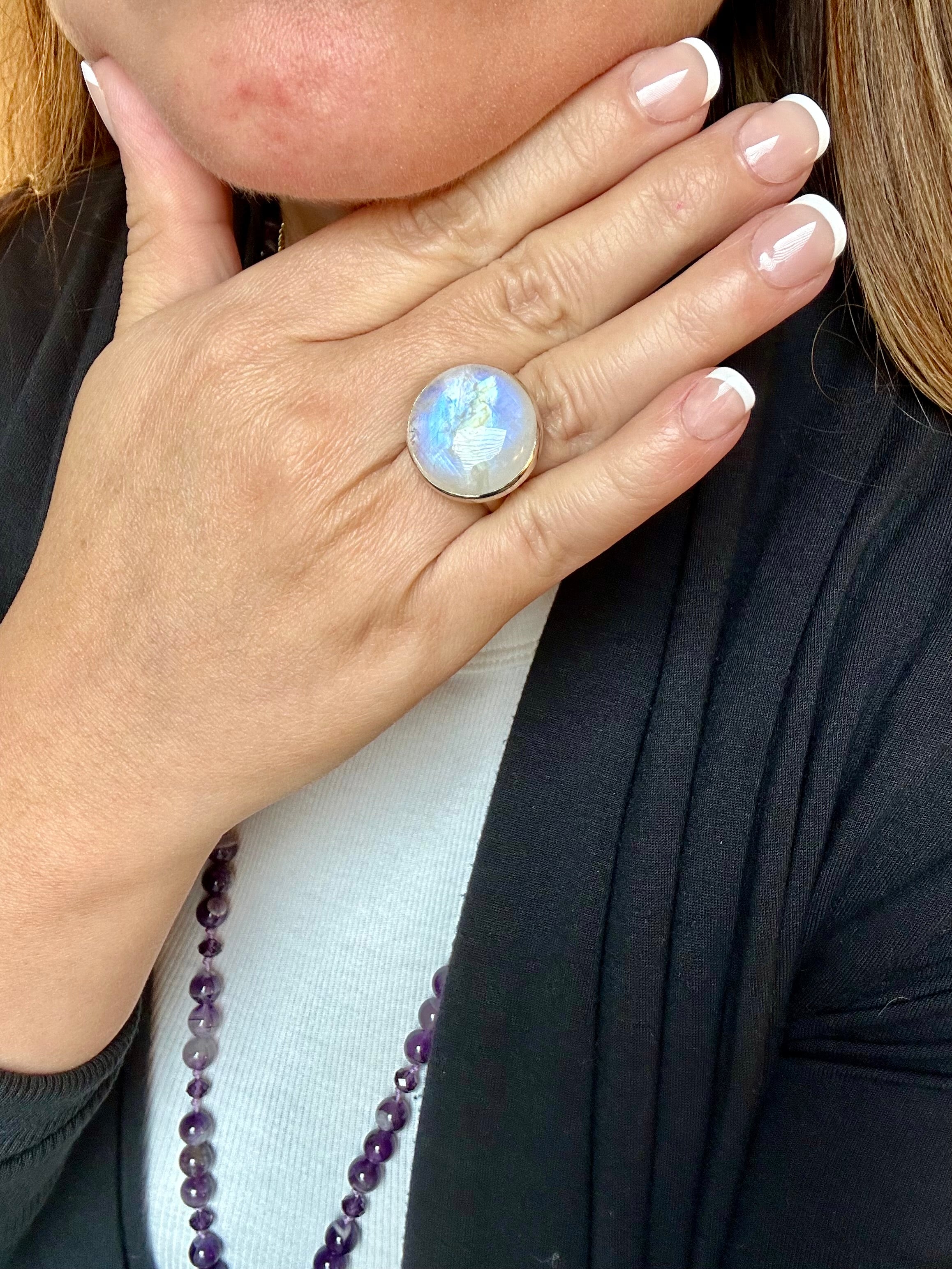 Moonstone Adjustable Silver Ring in Round shape.