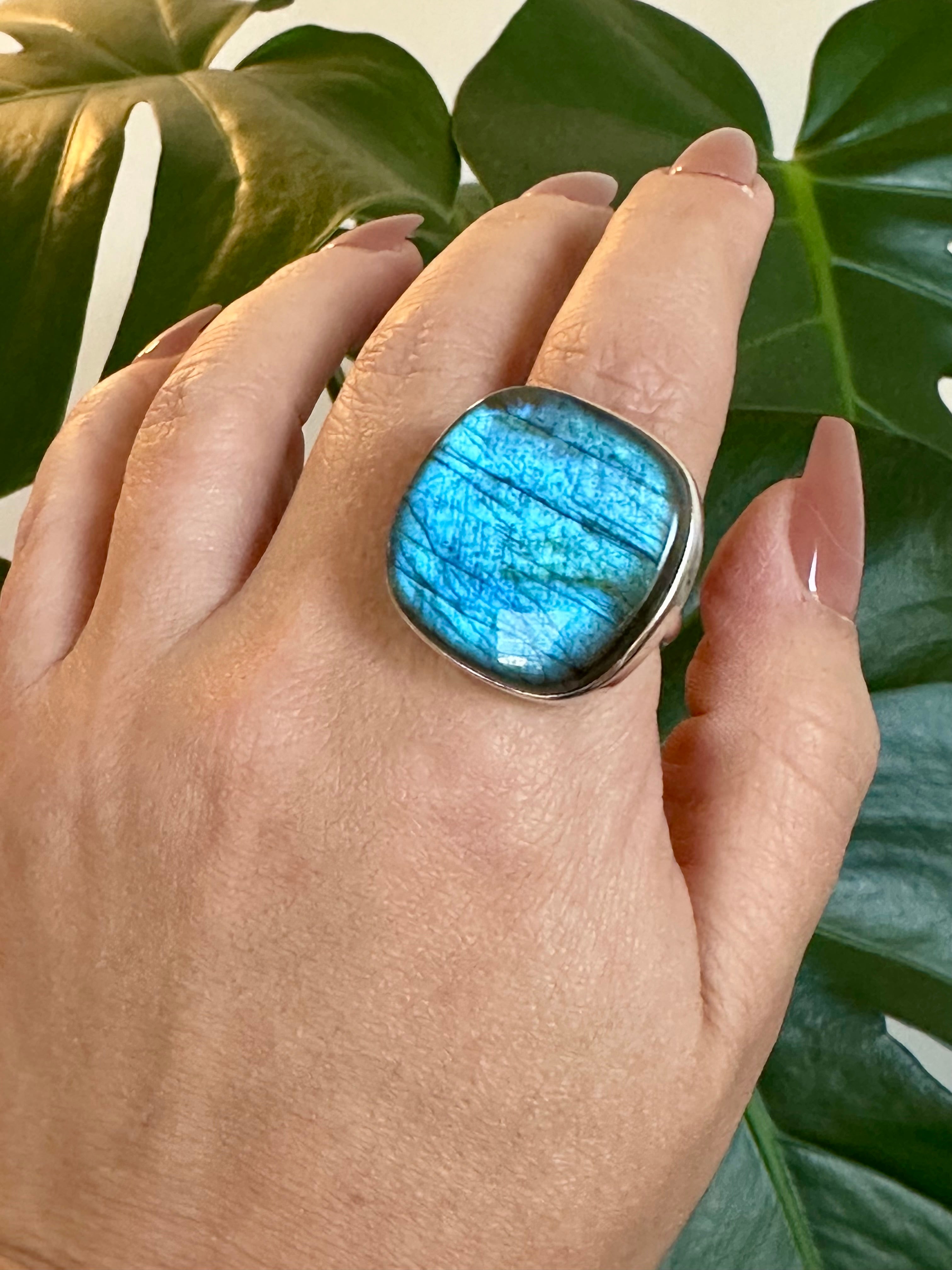 Large square-round Blue Labradorite Adjustable Silver Ring