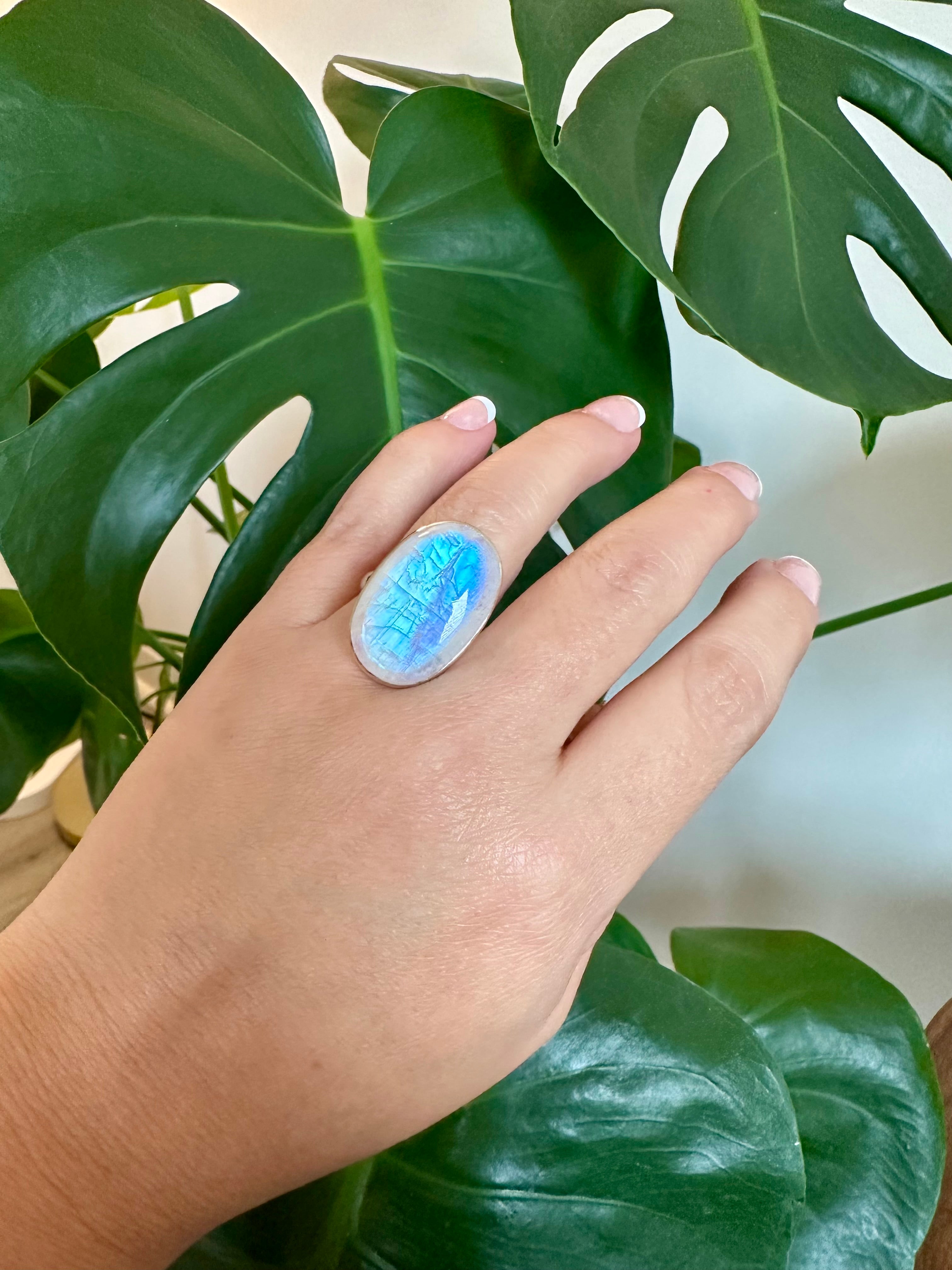 Moonstone Adjustable Silver Ring in Oblong shape.