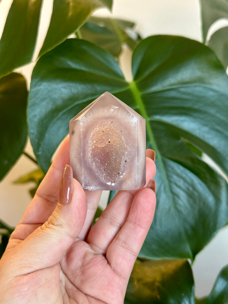 Darling Mauve Lavender Agate Tower with Goethite Sugar Druzy.