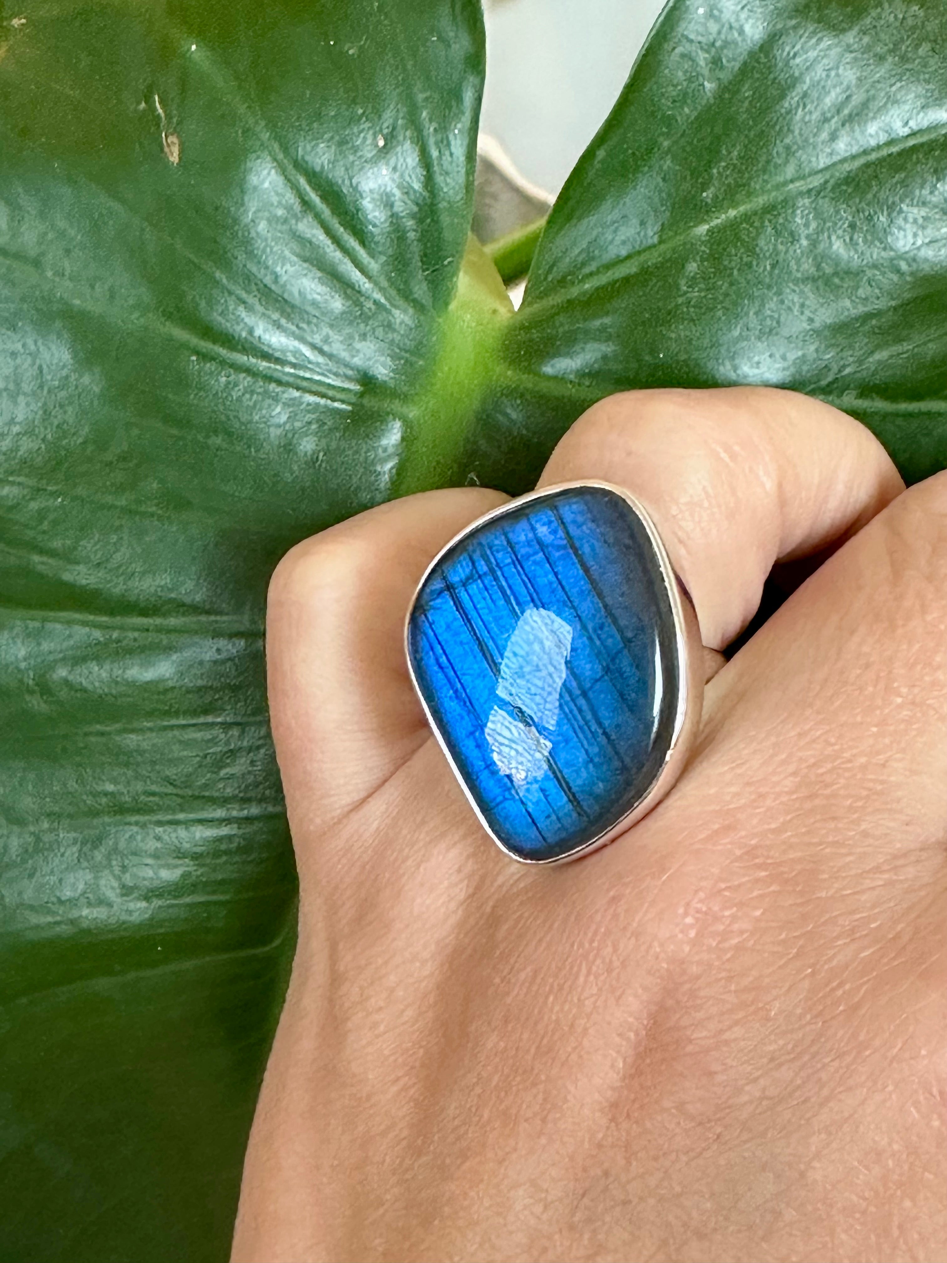 Large free-form Blue Labradorite Adjustable Silver Ring