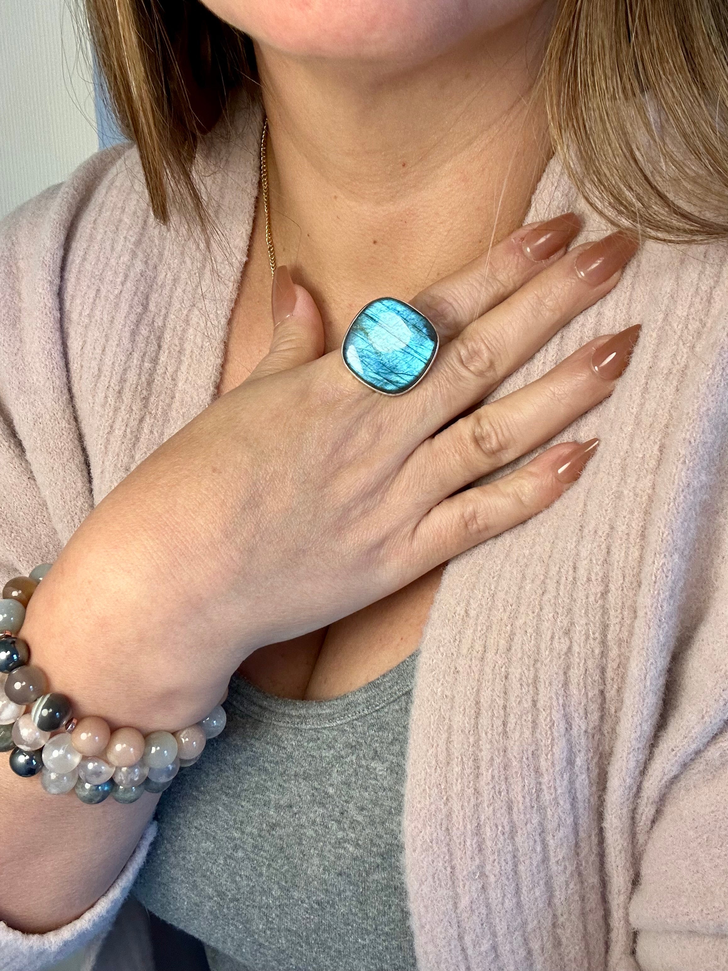 Large square-round Blue Labradorite Adjustable Silver Ring