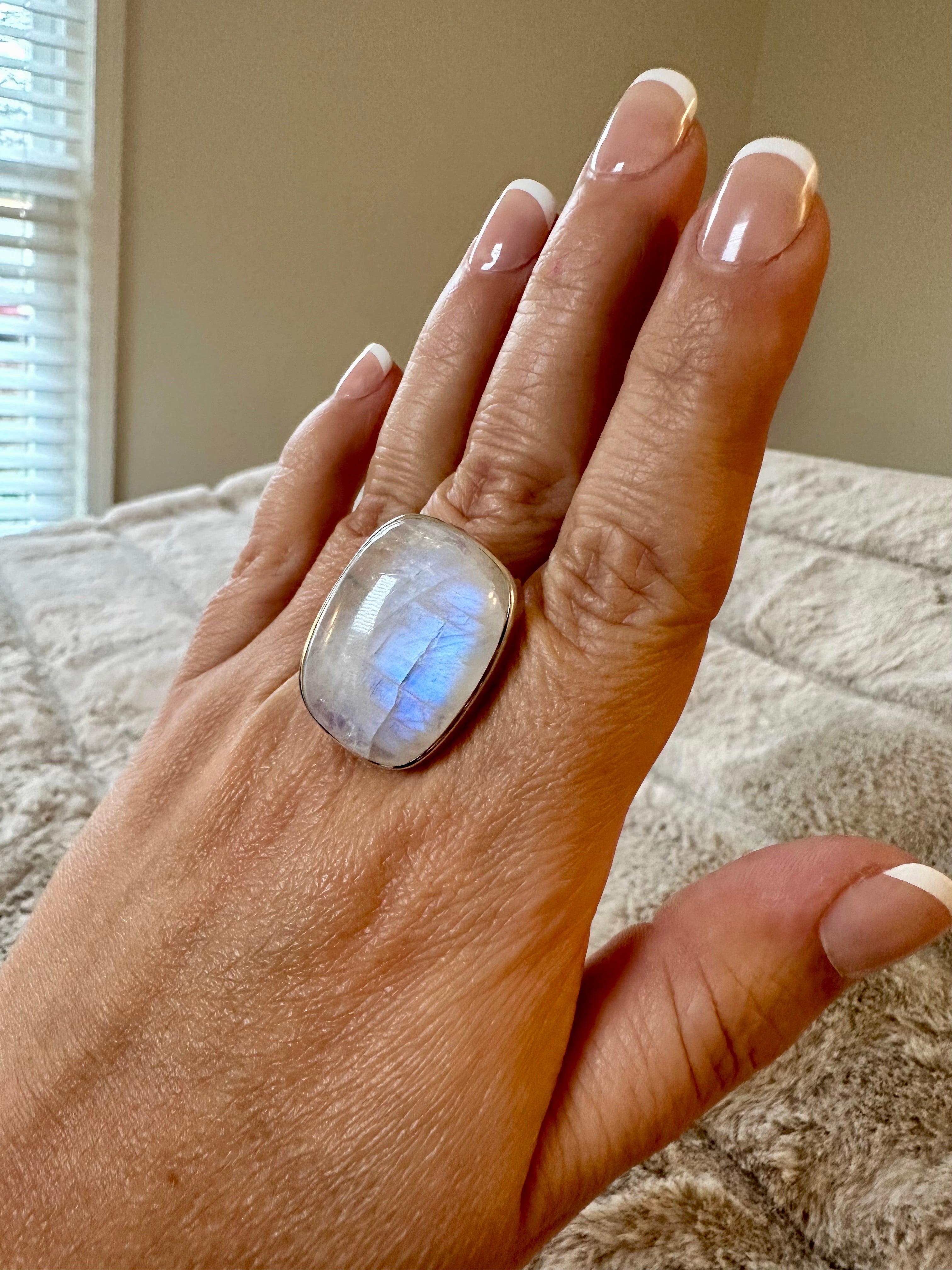 Moonstone Adjustable Silver Ring in Square-round shape.