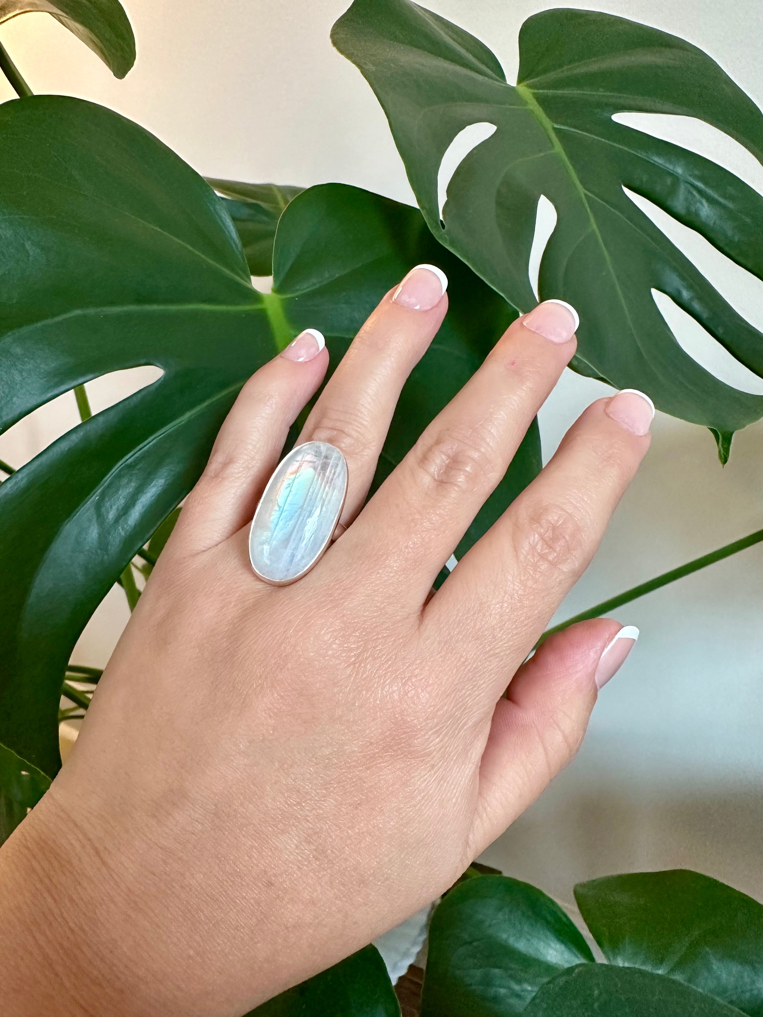 Moonstone Adjustable Silver Ring in Oval elongated shape.