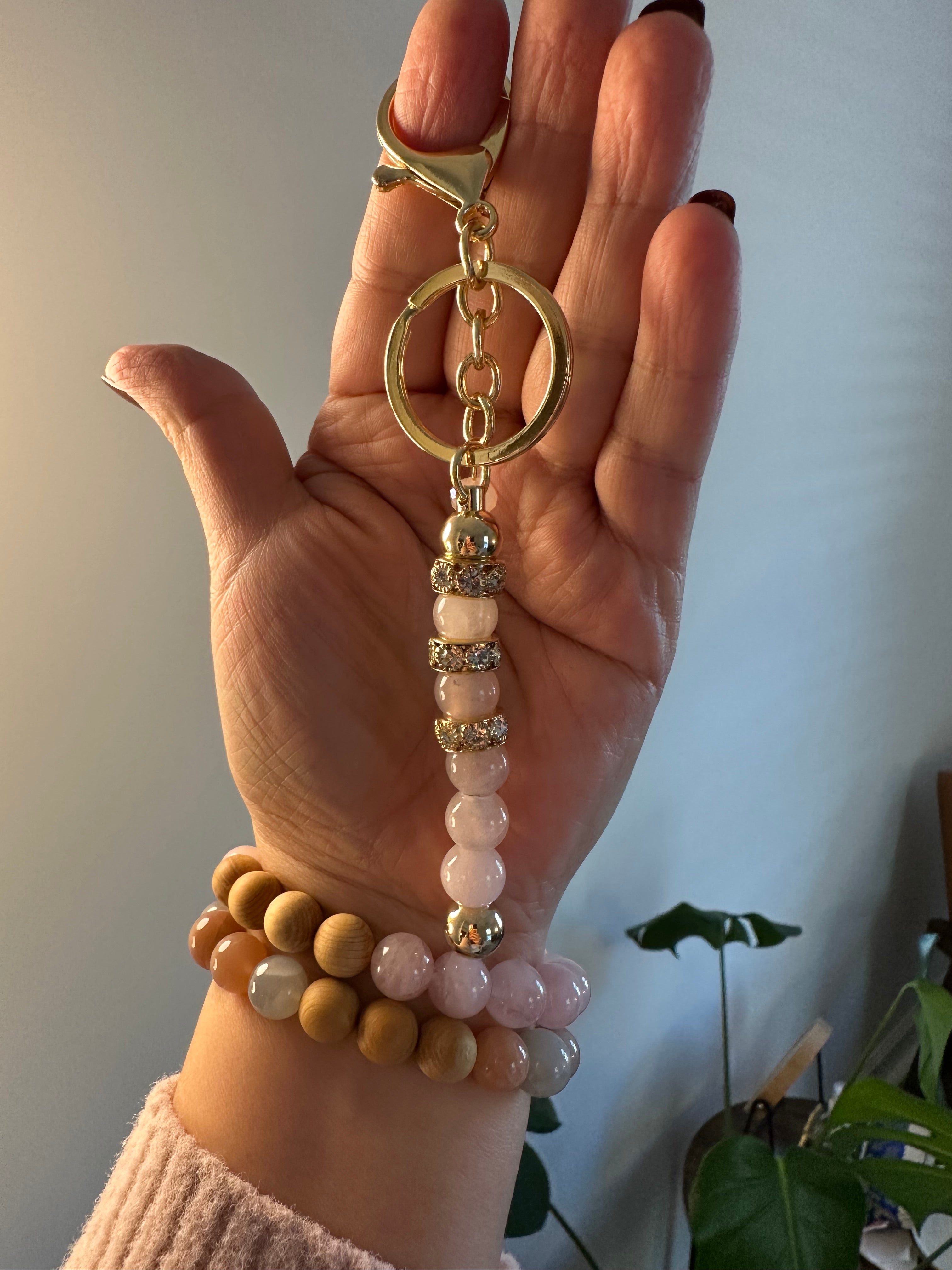 Natural Gemstone Rose Gold, Gold keychain. Rose quartz, quartz, amethyst crystal key chain.