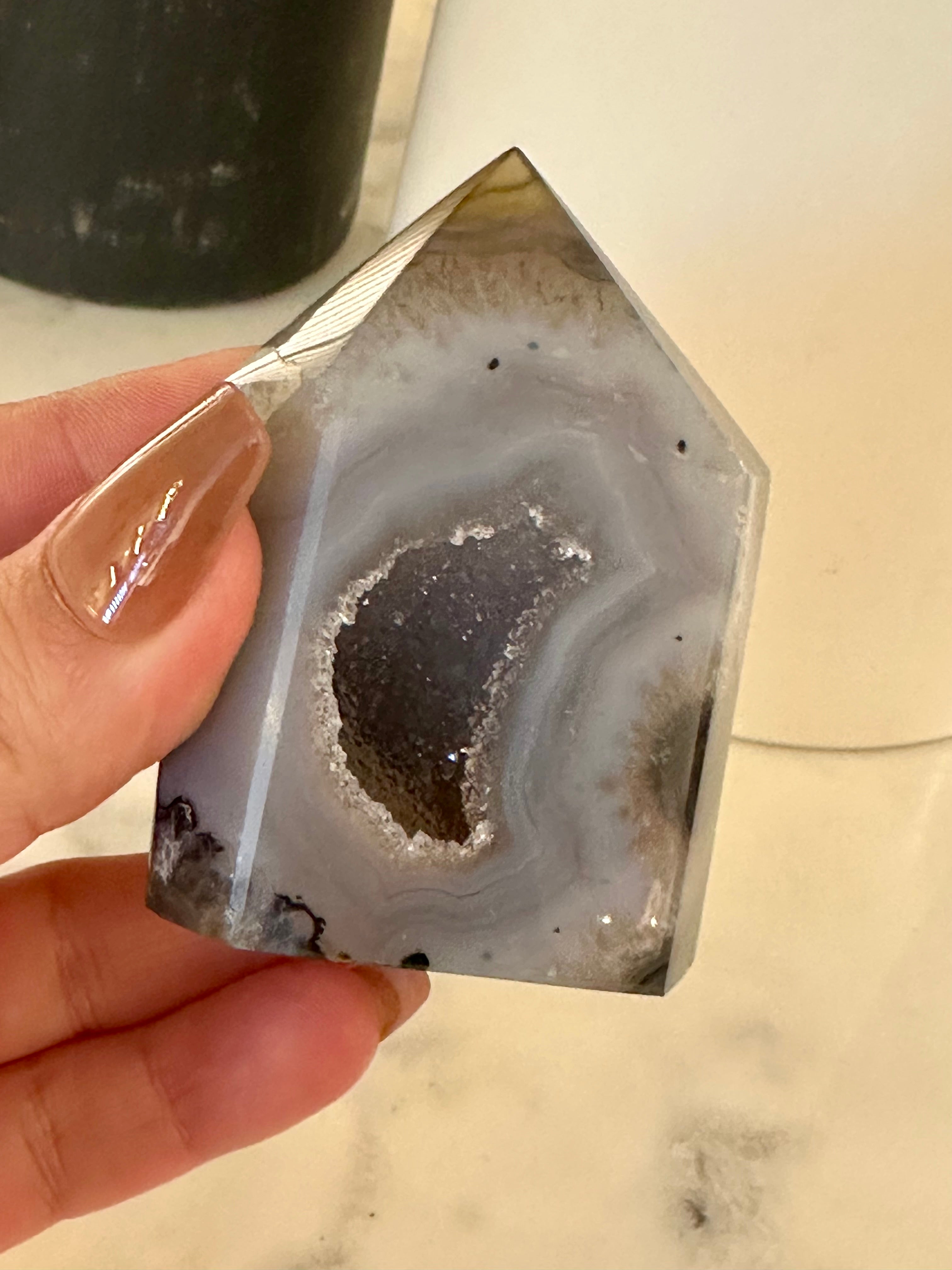 Medium Grey Agate Tower with Sugar Druzy with stunning features.